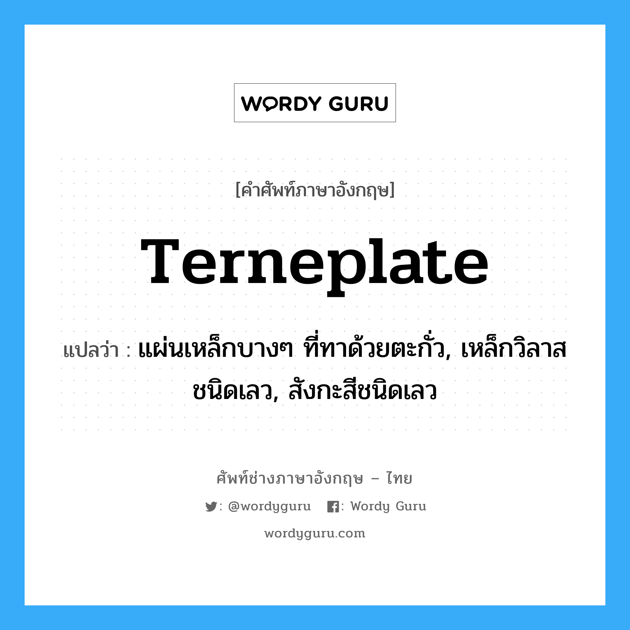 terneplate แปลว่า?, คำศัพท์ช่างภาษาอังกฤษ - ไทย terneplate คำศัพท์ภาษาอังกฤษ terneplate แปลว่า แผ่นเหล็กบางๆ ที่ทาด้วยตะกั่ว, เหล็กวิลาสชนิดเลว, สังกะสีชนิดเลว