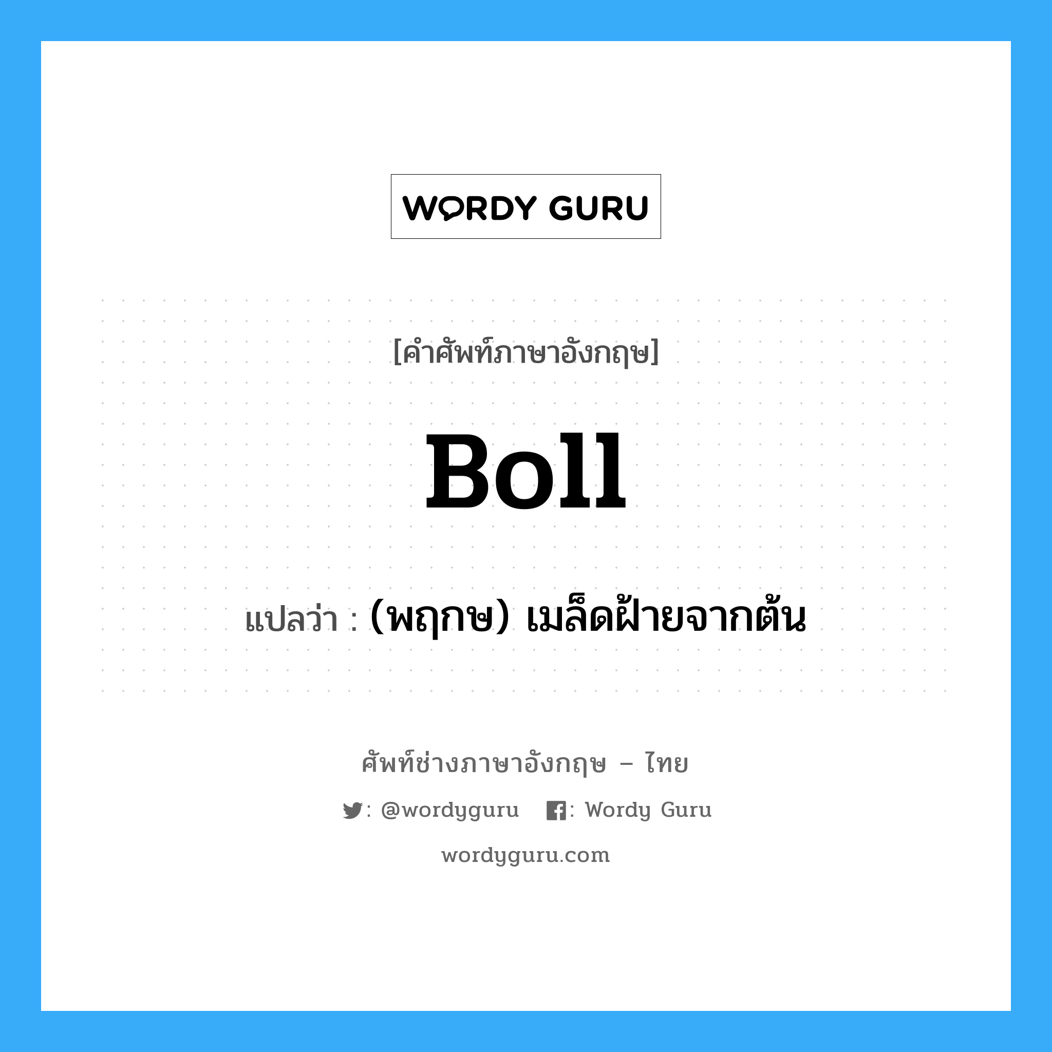 boll แปลว่า?, คำศัพท์ช่างภาษาอังกฤษ - ไทย boll คำศัพท์ภาษาอังกฤษ boll แปลว่า (พฤกษ) เมล็ดฝ้ายจากต้น