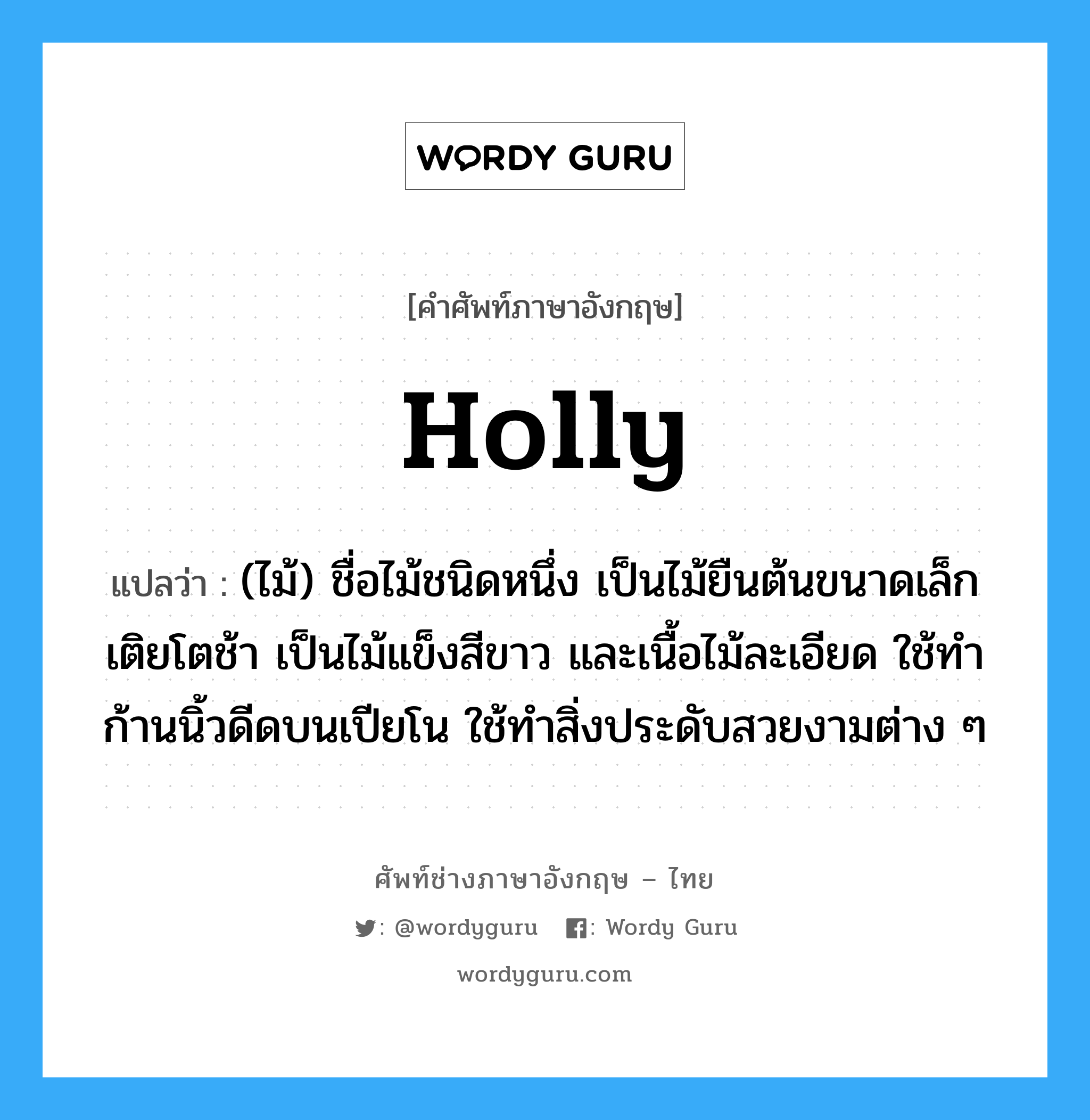 holly แปลว่า?, คำศัพท์ช่างภาษาอังกฤษ - ไทย holly คำศัพท์ภาษาอังกฤษ holly แปลว่า (ไม้) ชื่อไม้ชนิดหนึ่ง เป็นไม้ยืนต้นขนาดเล็ก เติยโตช้า เป็นไม้แข็งสีขาว และเนื้อไม้ละเอียด ใช้ทำก้านนิ้วดีดบนเปียโน ใช้ทำสิ่งประดับสวยงามต่าง ๆ