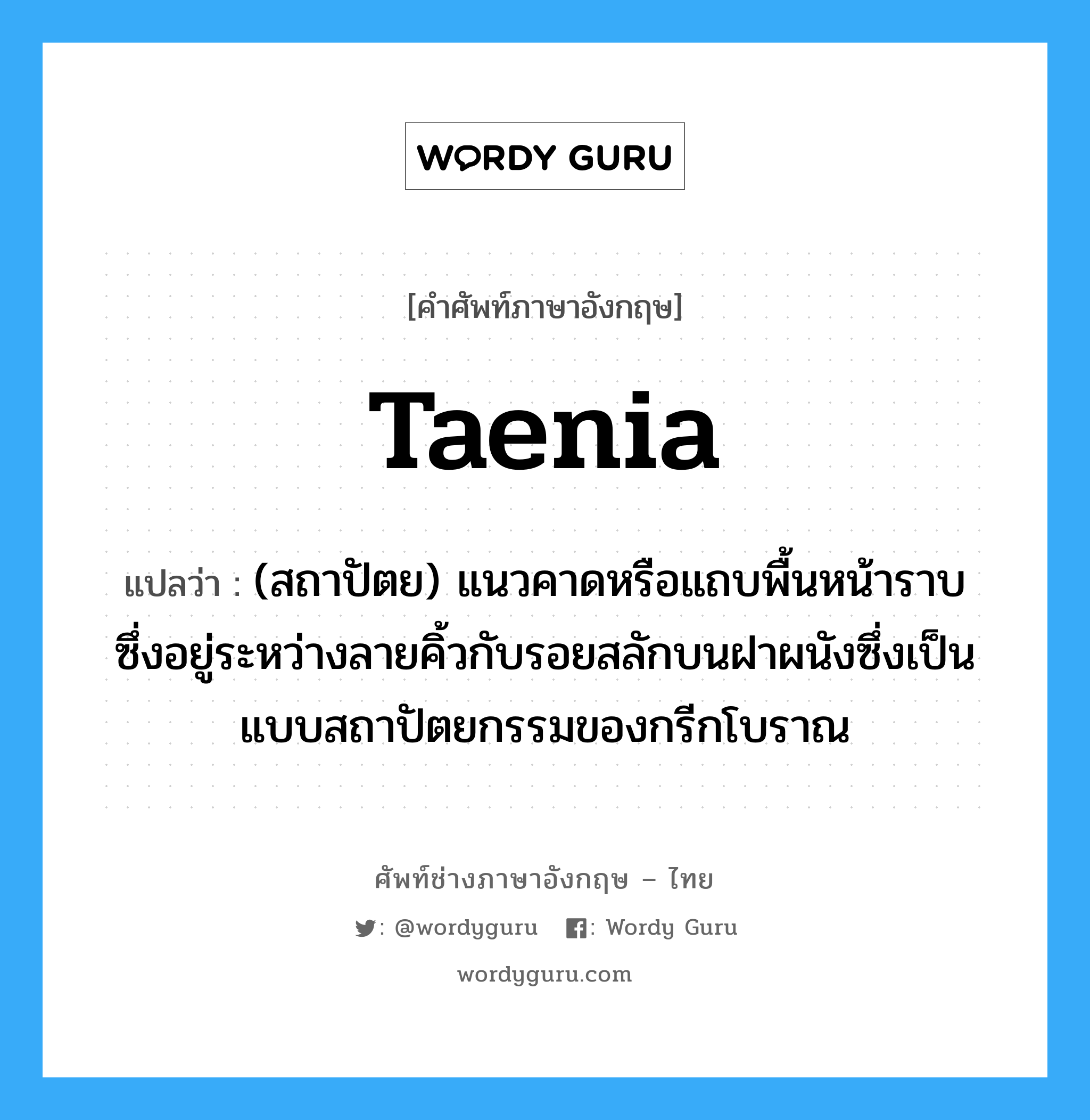 taenia แปลว่า?, คำศัพท์ช่างภาษาอังกฤษ - ไทย taenia คำศัพท์ภาษาอังกฤษ taenia แปลว่า (สถาปัตย) แนวคาดหรือแถบพื้นหน้าราบ ซึ่งอยู่ระหว่างลายคิ้วกับรอยสลักบนฝาผนังซึ่งเป็นแบบสถาปัตยกรรมของกรีกโบราณ