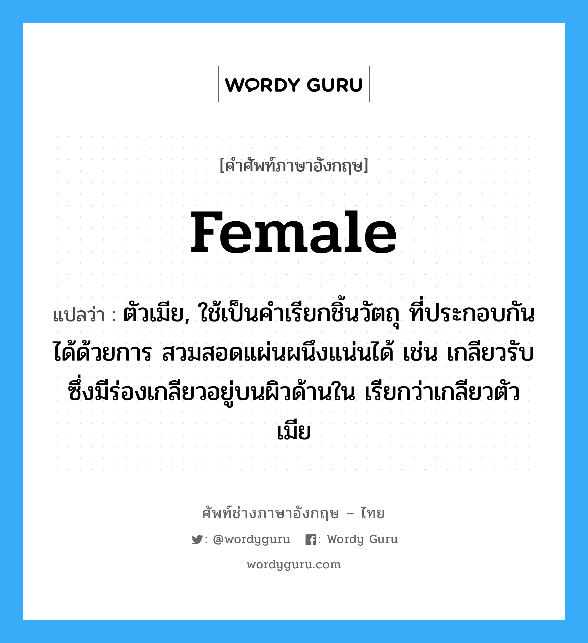 female แปลว่า?, คำศัพท์ช่างภาษาอังกฤษ - ไทย female คำศัพท์ภาษาอังกฤษ female แปลว่า ตัวเมีย, ใช้เป็นคำเรียกชิ้นวัตถุ ที่ประกอบกันได้ด้วยการ สวมสอดแผ่นผนึงแน่นได้ เช่น เกลียวรับซึ่งมีร่องเกลียวอยู่บนผิวด้านใน เรียกว่าเกลียวตัวเมีย