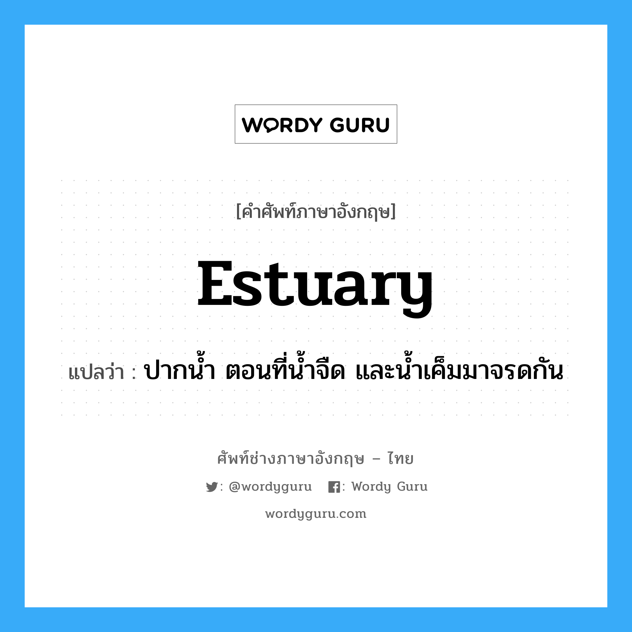 estuary แปลว่า?, คำศัพท์ช่างภาษาอังกฤษ - ไทย estuary คำศัพท์ภาษาอังกฤษ estuary แปลว่า ปากน้ำ ตอนที่น้ำจืด และน้ำเค็มมาจรดกัน