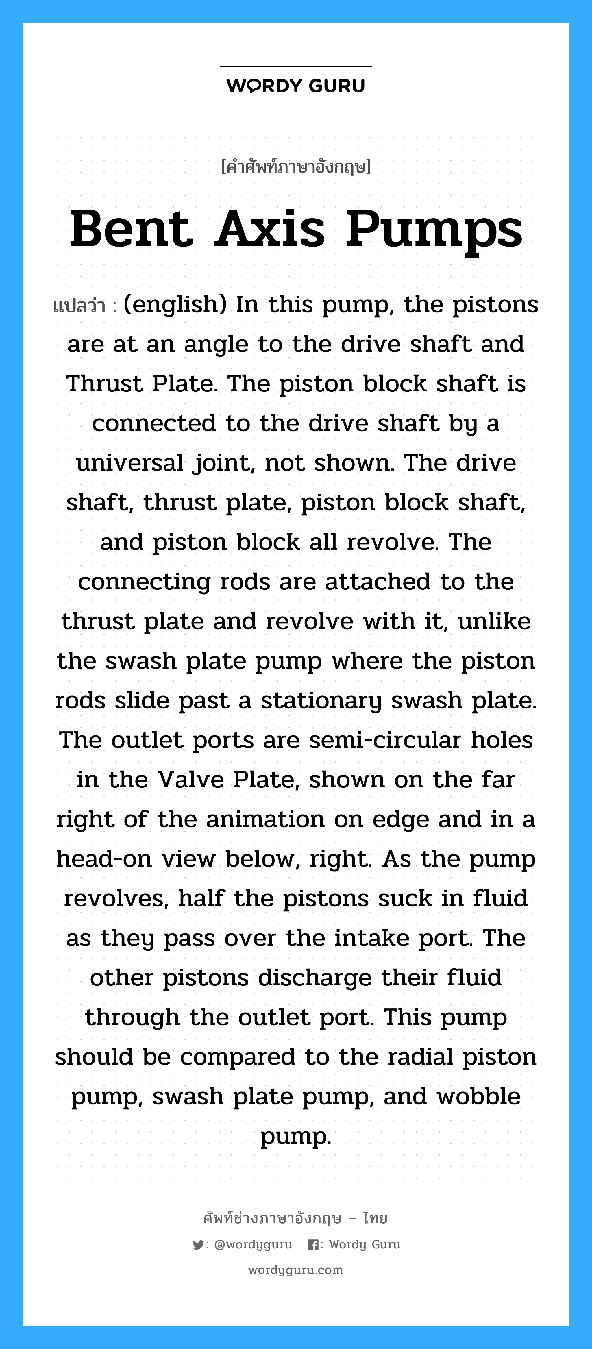 Bent Axis Pumps แปลว่า?, คำศัพท์ช่างภาษาอังกฤษ - ไทย Bent Axis Pumps คำศัพท์ภาษาอังกฤษ Bent Axis Pumps แปลว่า (english) In this pump, the pistons are at an angle to the drive shaft and Thrust Plate. The piston block shaft is connected to the drive shaft by a universal joint, not shown. The drive shaft, thrust plate, piston block shaft, and piston block all revolve. The connecting rods are attached to the thrust plate and revolve with it, unlike the swash plate pump where the piston rods slide past a stationary swash plate. The outlet ports are semi-circular holes in the Valve Plate, shown on the far right of the animation on edge and in a head-on view below, right. As the pump revolves, half the pistons suck in fluid as they pass over the intake port. The other pistons discharge their fluid through the outlet port. This pump should be compared to the radial piston pump, swash plate pump, and wobble pump.