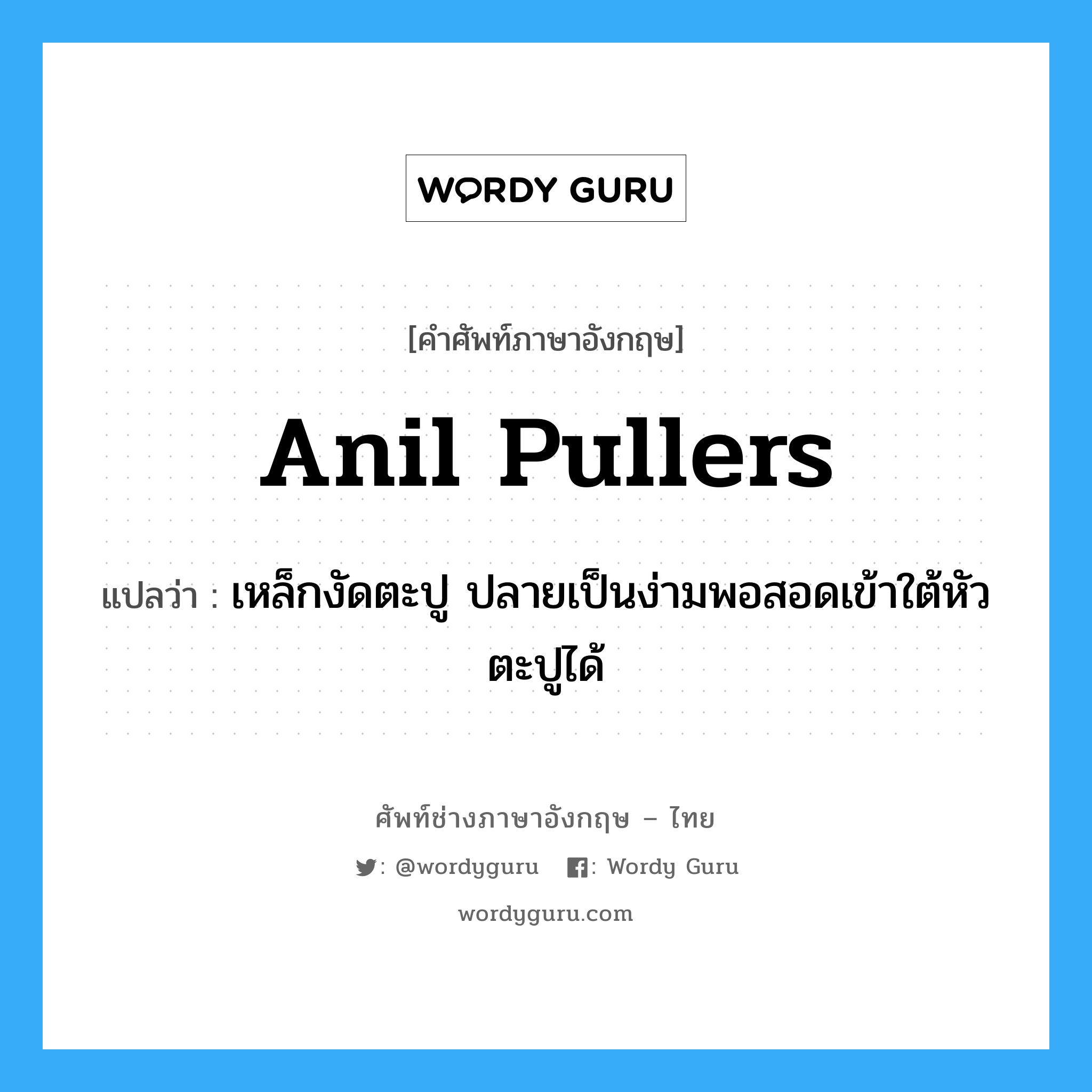 anil pullers แปลว่า?, คำศัพท์ช่างภาษาอังกฤษ - ไทย anil pullers คำศัพท์ภาษาอังกฤษ anil pullers แปลว่า เหล็กงัดตะปู ปลายเป็นง่ามพอสอดเข้าใต้หัวตะปูได้