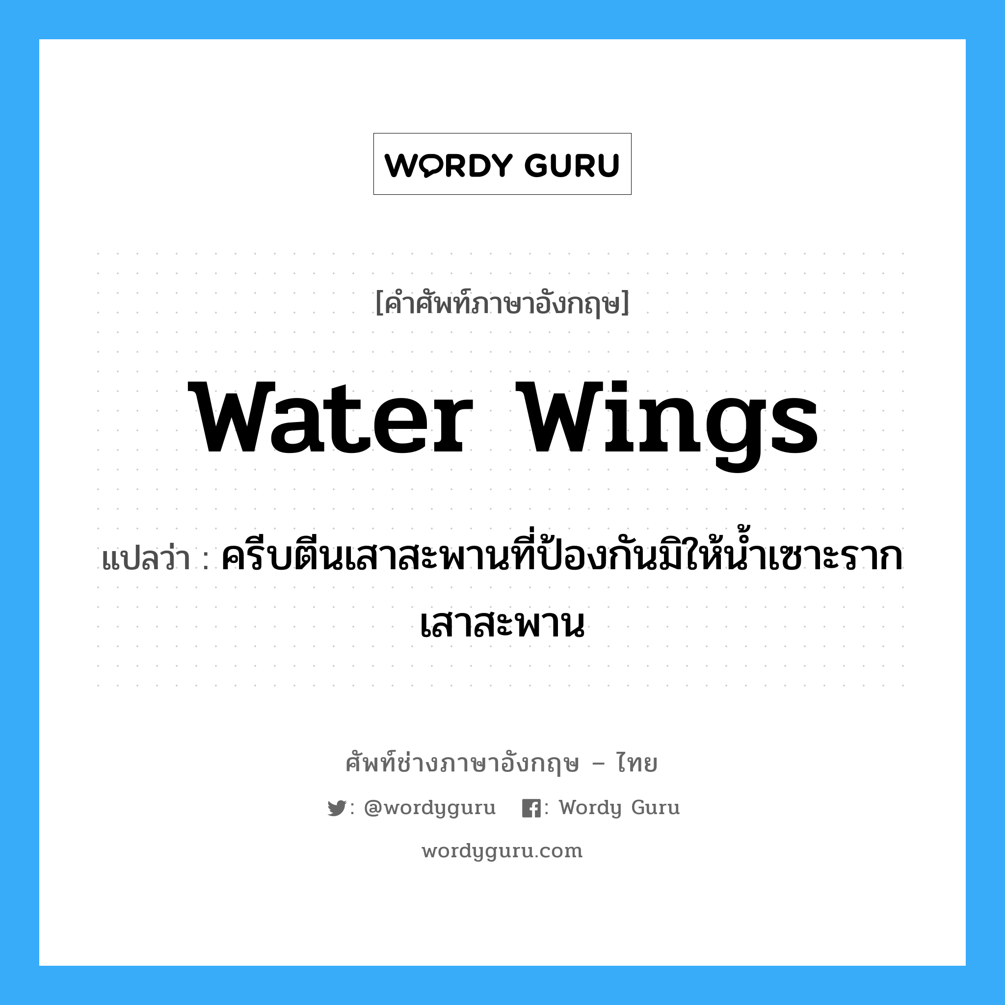 water wings แปลว่า?, คำศัพท์ช่างภาษาอังกฤษ - ไทย water wings คำศัพท์ภาษาอังกฤษ water wings แปลว่า ครีบตีนเสาสะพานที่ป้องกันมิให้น้ำเซาะรากเสาสะพาน