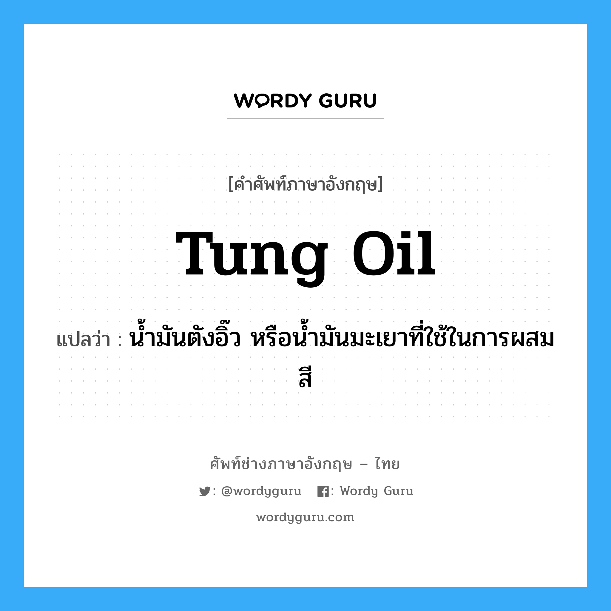 tung oil แปลว่า?, คำศัพท์ช่างภาษาอังกฤษ - ไทย tung oil คำศัพท์ภาษาอังกฤษ tung oil แปลว่า น้ำมันตังอิ๊ว หรือน้ำมันมะเยาที่ใช้ในการผสมสี