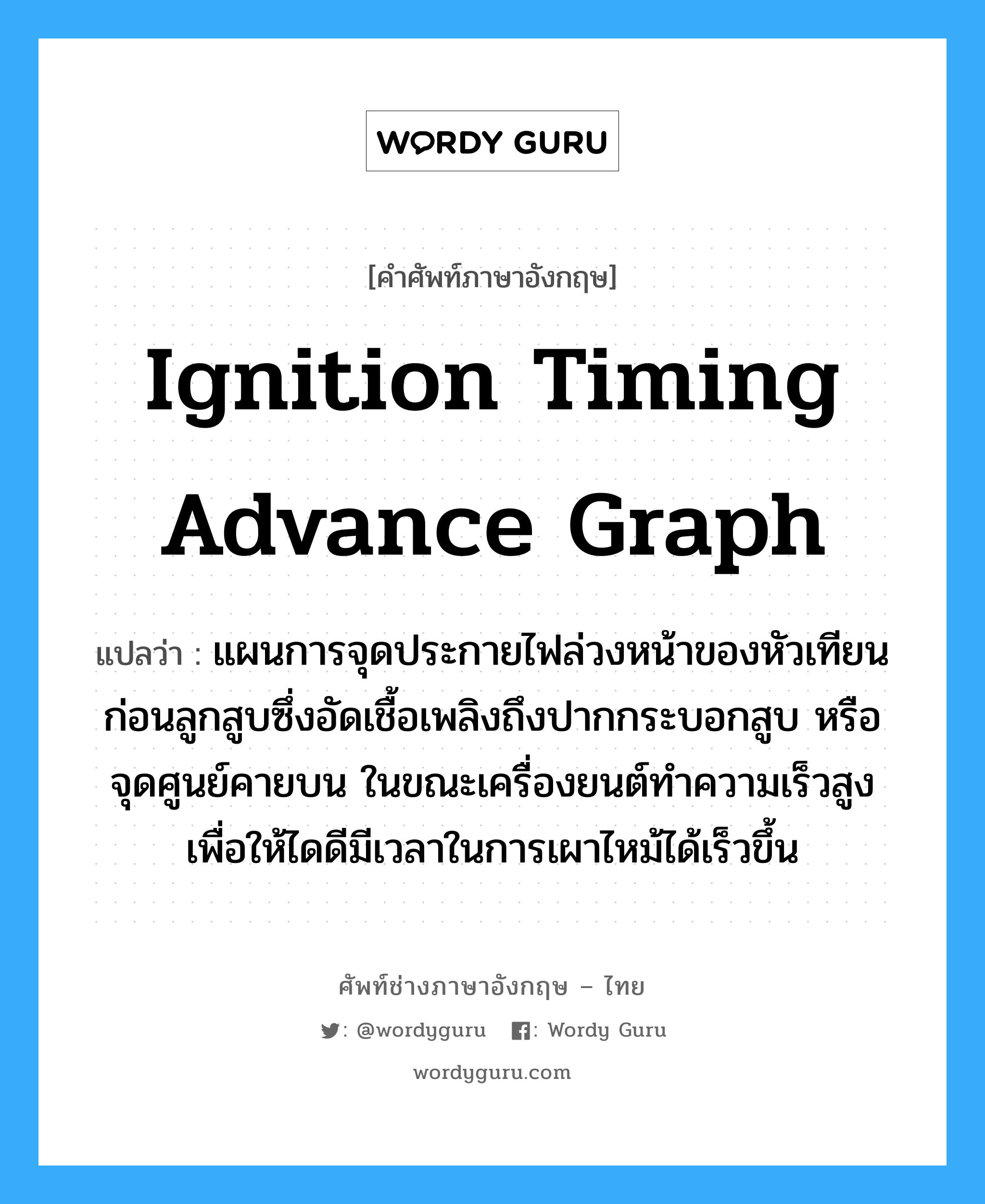 ignition timing advance graph แปลว่า?, คำศัพท์ช่างภาษาอังกฤษ - ไทย ignition timing advance graph คำศัพท์ภาษาอังกฤษ ignition timing advance graph แปลว่า แผนการจุดประกายไฟล่วงหน้าของหัวเทียน ก่อนลูกสูบซึ่งอัดเชื้อเพลิงถึงปากกระบอกสูบ หรือจุดศูนย์คายบน ในขณะเครื่องยนต์ทำความเร็วสูง เพื่อให้ไดดีมีเวลาในการเผาไหม้ได้เร็วขึ้น