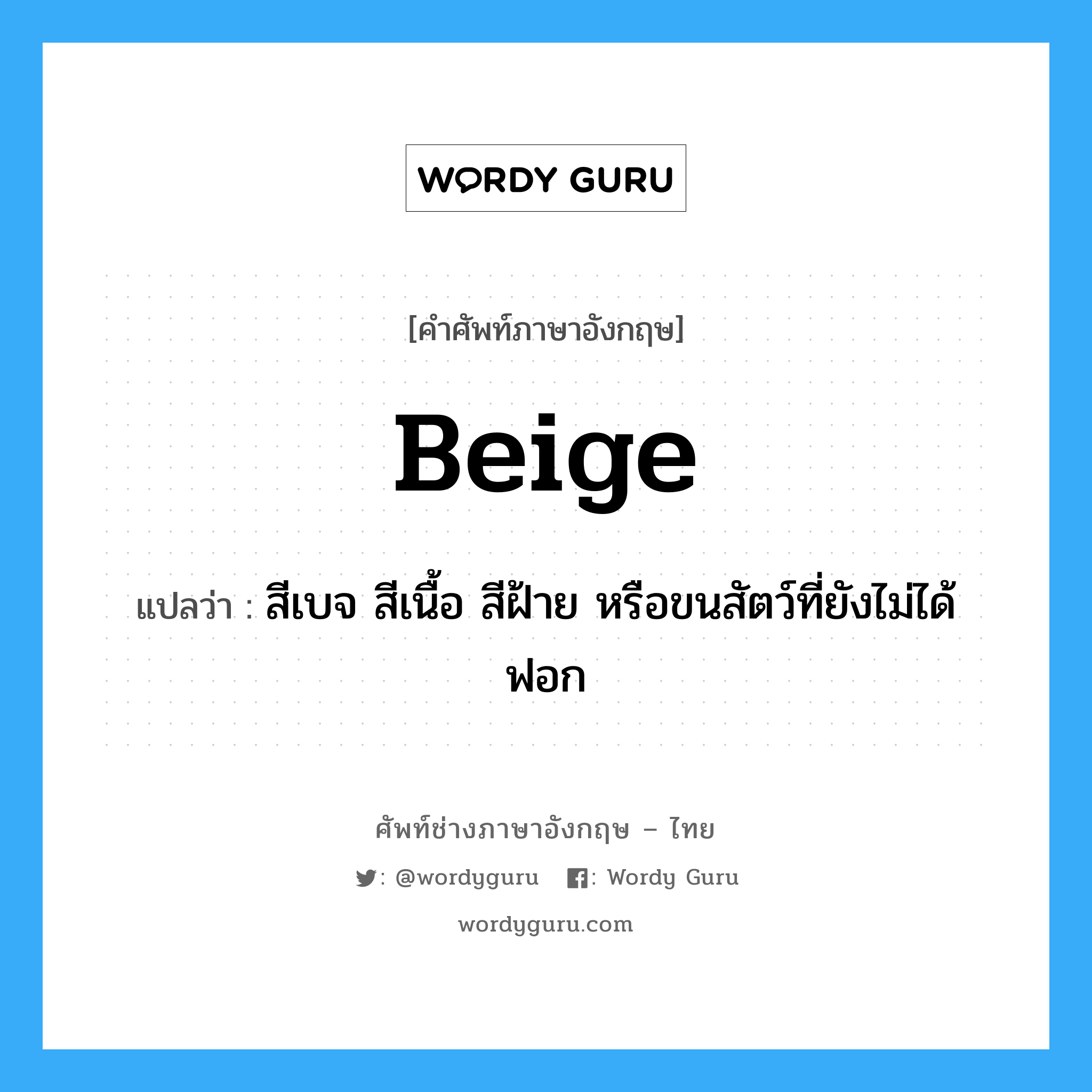 beige แปลว่า?, คำศัพท์ช่างภาษาอังกฤษ - ไทย beige คำศัพท์ภาษาอังกฤษ beige แปลว่า สีเบจ สีเนื้อ สีฝ้าย หรือขนสัตว์ที่ยังไม่ได้ฟอก