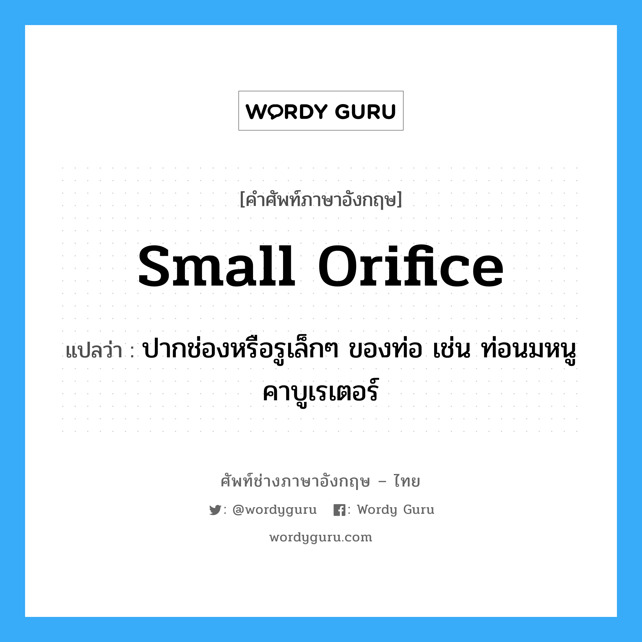 small orifice แปลว่า?, คำศัพท์ช่างภาษาอังกฤษ - ไทย small orifice คำศัพท์ภาษาอังกฤษ small orifice แปลว่า ปากช่องหรือรูเล็กๆ ของท่อ เช่น ท่อนมหนูคาบูเรเตอร์