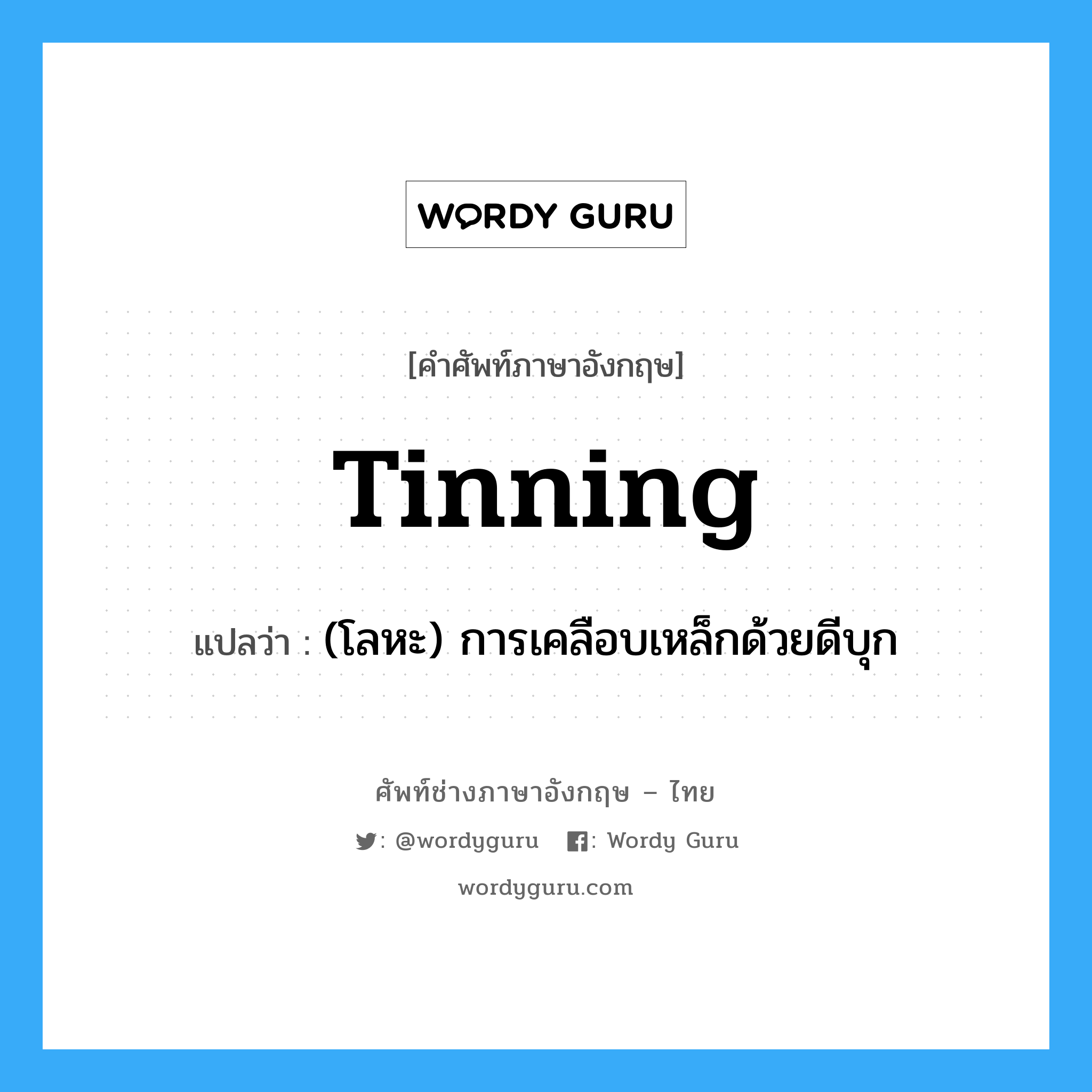 tinning แปลว่า?, คำศัพท์ช่างภาษาอังกฤษ - ไทย tinning คำศัพท์ภาษาอังกฤษ tinning แปลว่า (โลหะ) การเคลือบเหล็กด้วยดีบุก