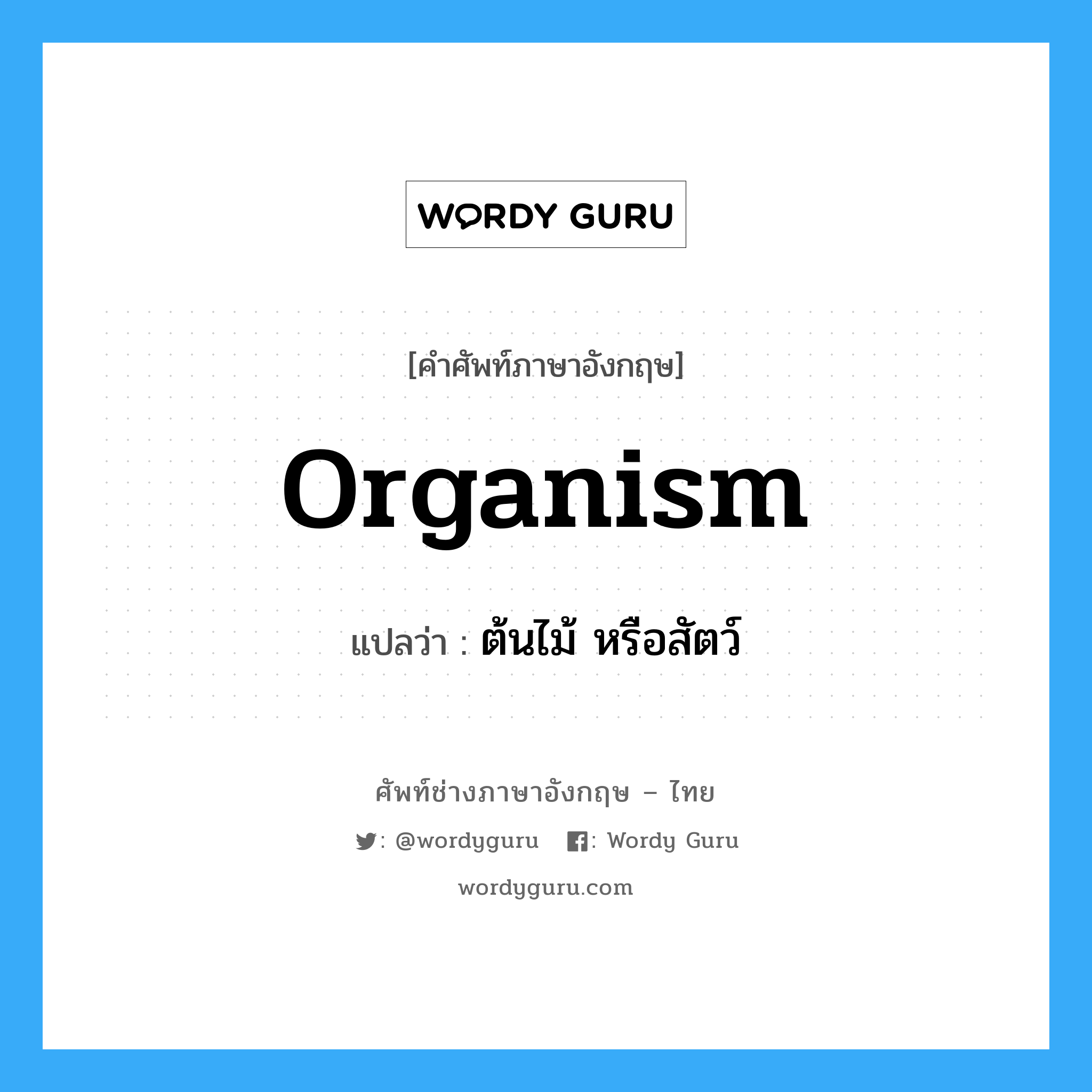 organism แปลว่า?, คำศัพท์ช่างภาษาอังกฤษ - ไทย organism คำศัพท์ภาษาอังกฤษ organism แปลว่า ต้นไม้ หรือสัตว์