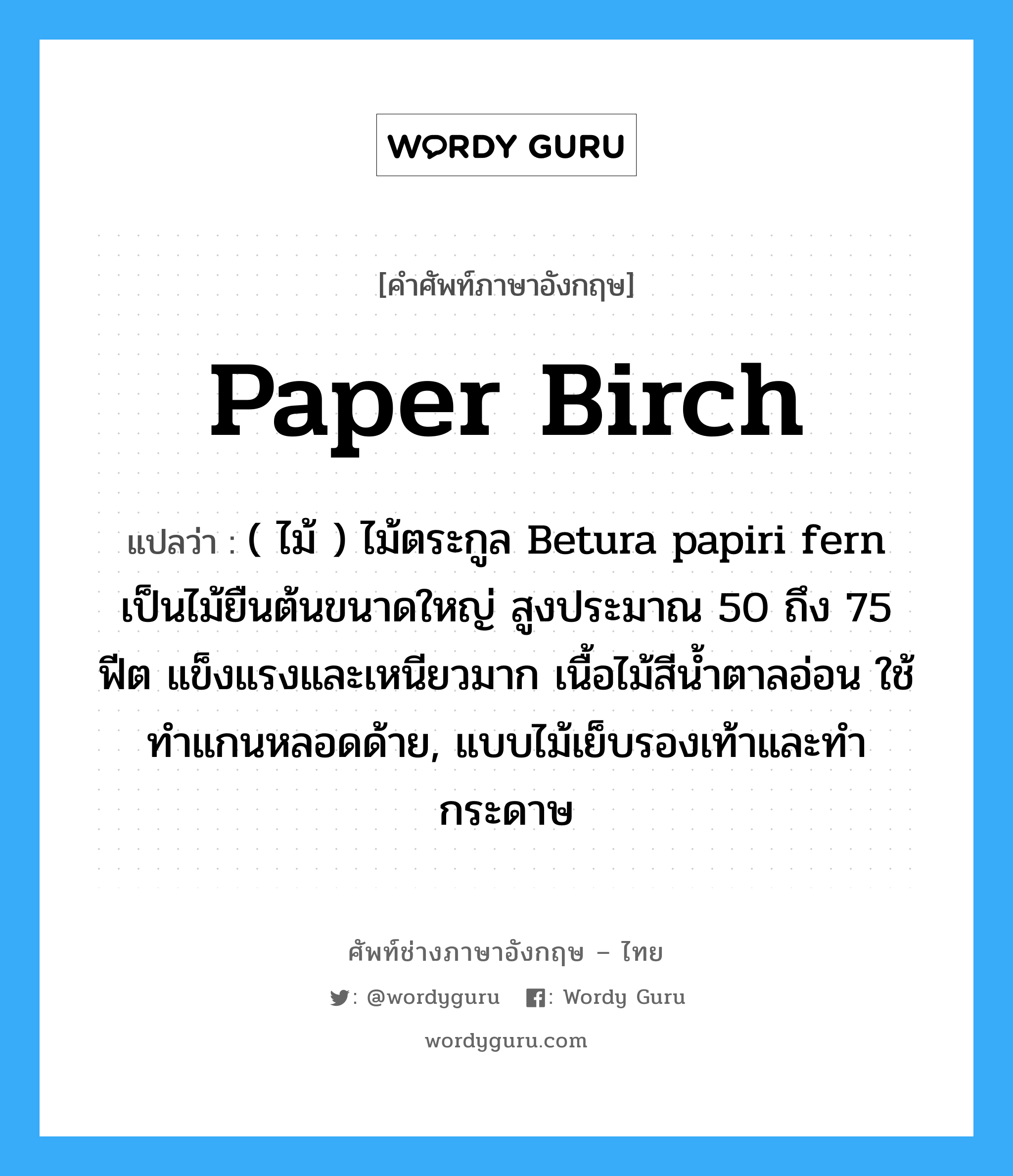 paper birch แปลว่า?, คำศัพท์ช่างภาษาอังกฤษ - ไทย paper birch คำศัพท์ภาษาอังกฤษ paper birch แปลว่า ( ไม้ ) ไม้ตระกูล Betura papiri fern เป็นไม้ยืนต้นขนาดใหญ่ สูงประมาณ 50 ถึง 75 ฟีต แข็งแรงและเหนียวมาก เนื้อไม้สีน้ำตาลอ่อน ใช้ทำแกนหลอดด้าย, แบบไม้เย็บรองเท้าและทำกระดาษ