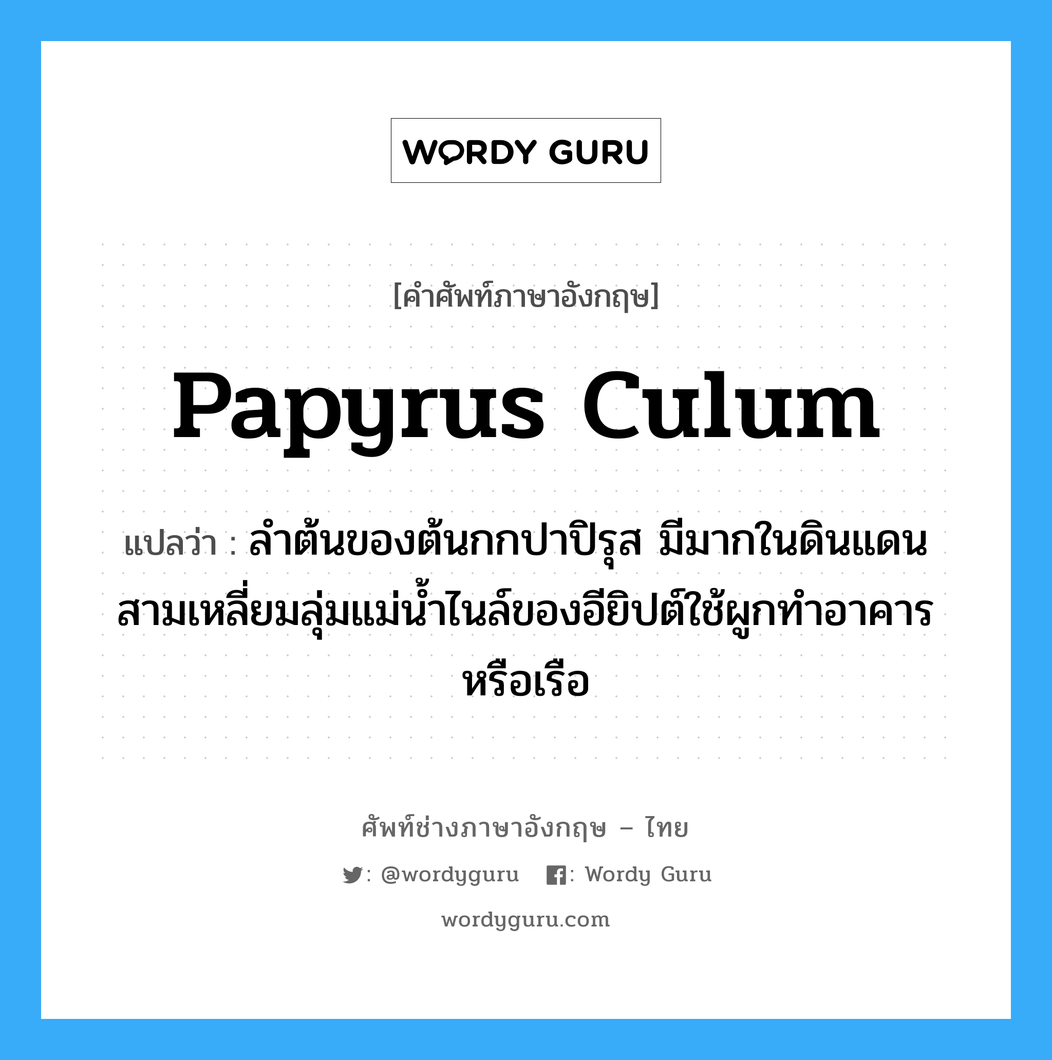 papyrus culum แปลว่า?, คำศัพท์ช่างภาษาอังกฤษ - ไทย papyrus culum คำศัพท์ภาษาอังกฤษ papyrus culum แปลว่า ลำต้นของต้นกกปาปิรุส มีมากในดินแดนสามเหลี่ยมลุ่มแม่น้ำไนล์ของอียิปต์ใช้ผูกทำอาคารหรือเรือ