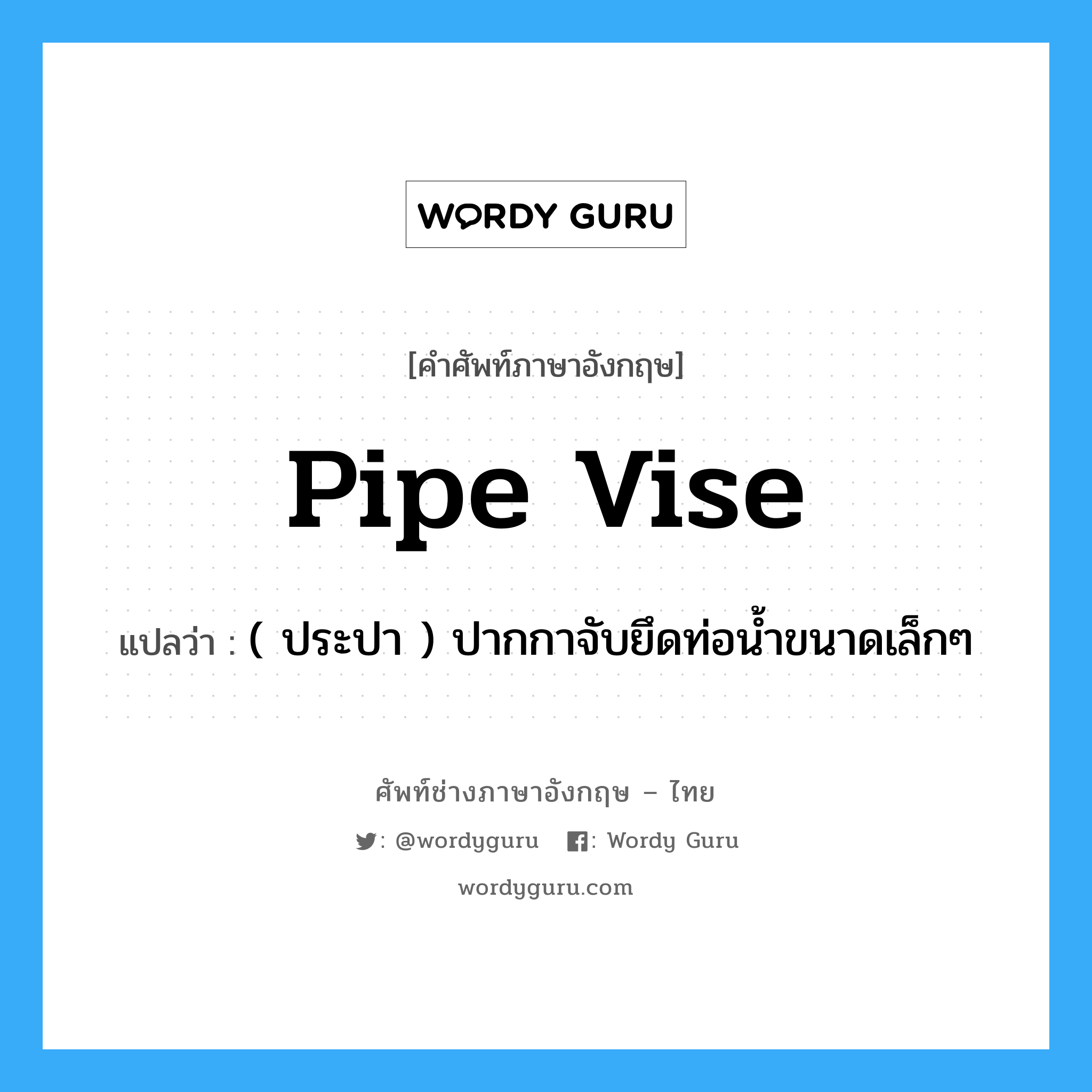 pipe vise แปลว่า?, คำศัพท์ช่างภาษาอังกฤษ - ไทย pipe vise คำศัพท์ภาษาอังกฤษ pipe vise แปลว่า ( ประปา ) ปากกาจับยึดท่อน้ำขนาดเล็กๆ