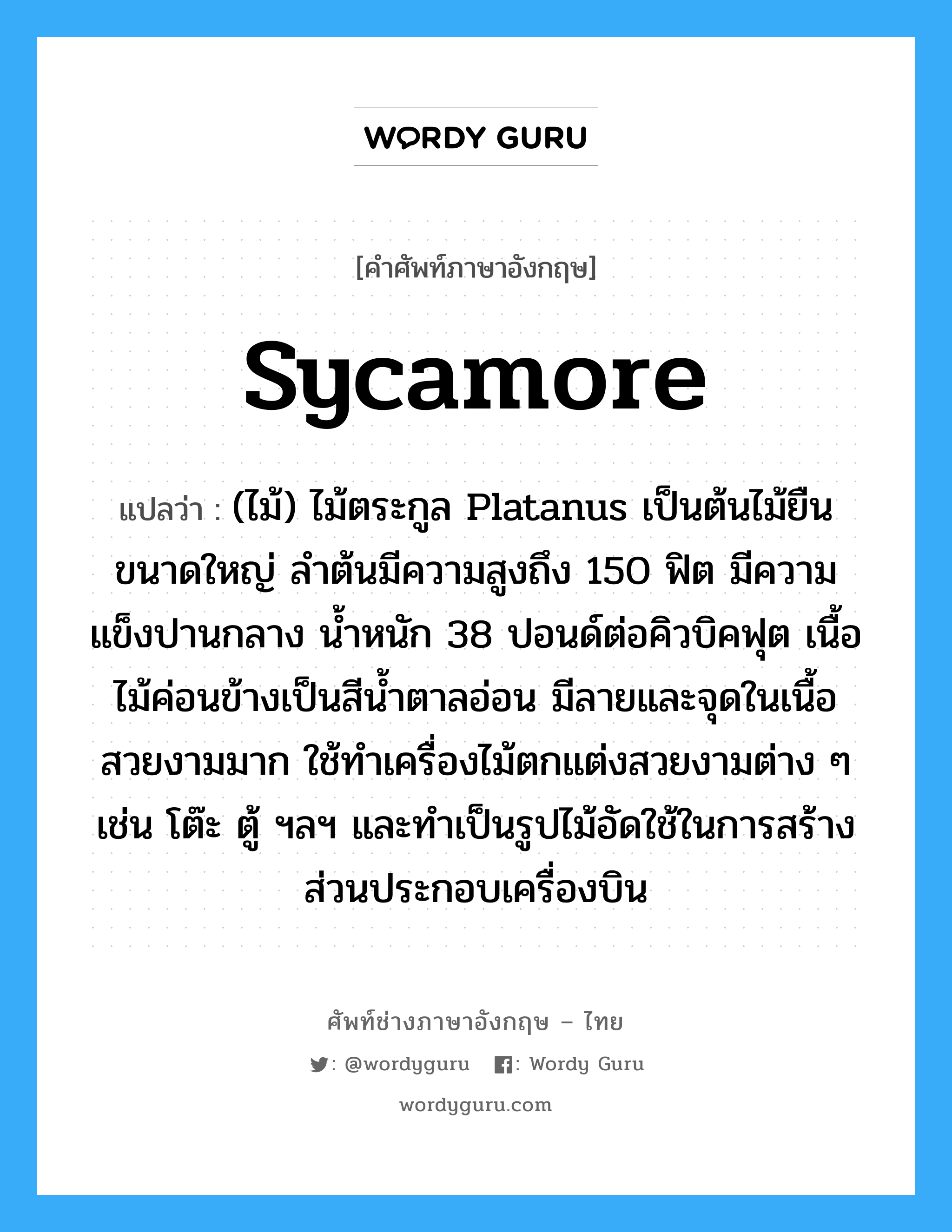 sycamore แปลว่า?, คำศัพท์ช่างภาษาอังกฤษ - ไทย sycamore คำศัพท์ภาษาอังกฤษ sycamore แปลว่า (ไม้) ไม้ตระกูล Platanus เป็นต้นไม้ยืนขนาดใหญ่ ลำต้นมีความสูงถึง 150 ฟิต มีความแข็งปานกลาง น้ำหนัก 38 ปอนด์ต่อคิวบิคฟุต เนื้อไม้ค่อนข้างเป็นสีน้ำตาลอ่อน มีลายและจุดในเนื้อสวยงามมาก ใช้ทำเครื่องไม้ตกแต่งสวยงามต่าง ๆ เช่น โต๊ะ ตู้ ฯลฯ และทำเป็นรูปไม้อัดใช้ในการสร้างส่วนประกอบเครื่องบิน