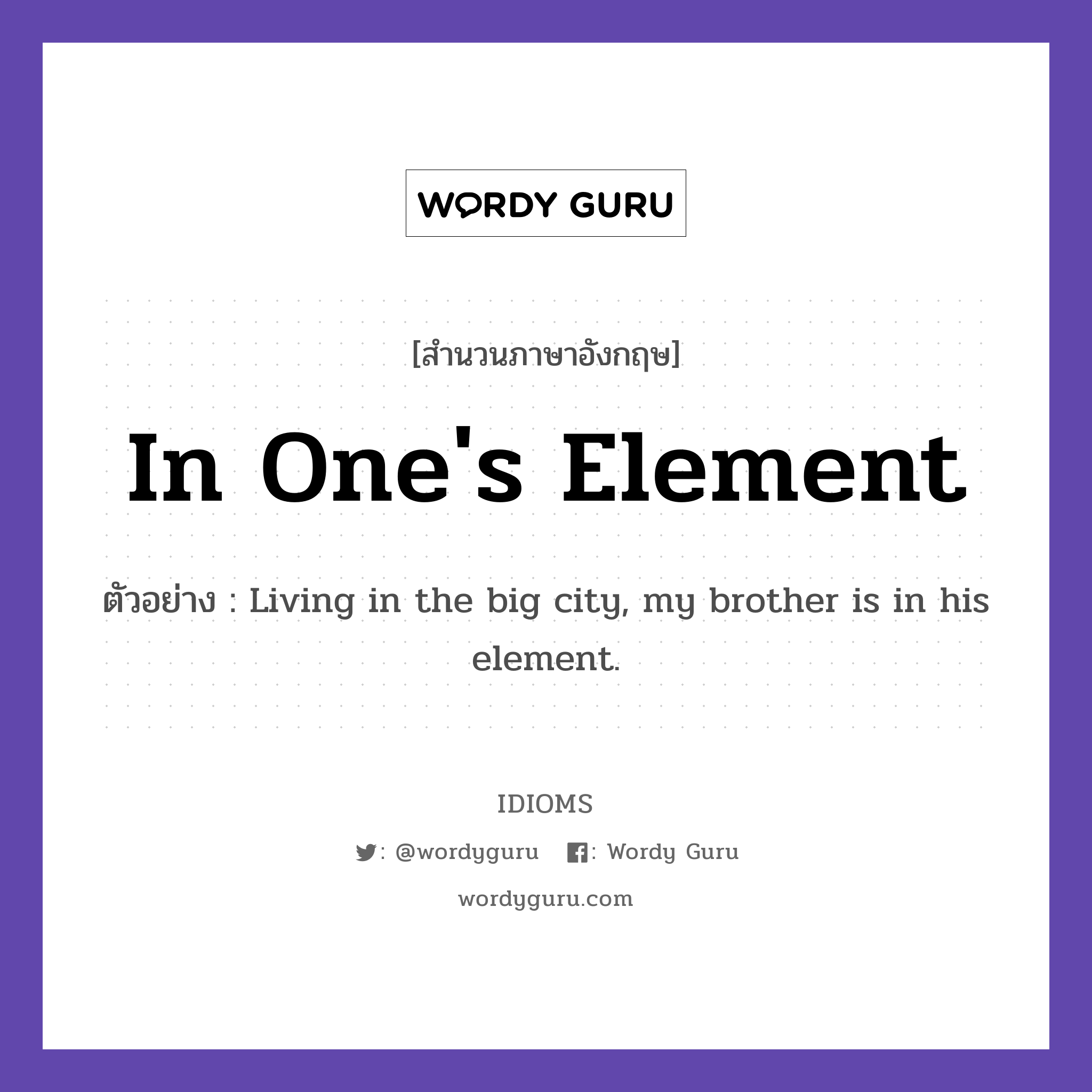 In One&#39;s Element แปลว่า?, สำนวนภาษาอังกฤษ In One&#39;s Element ตัวอย่าง Living in the big city, my brother is in his element.