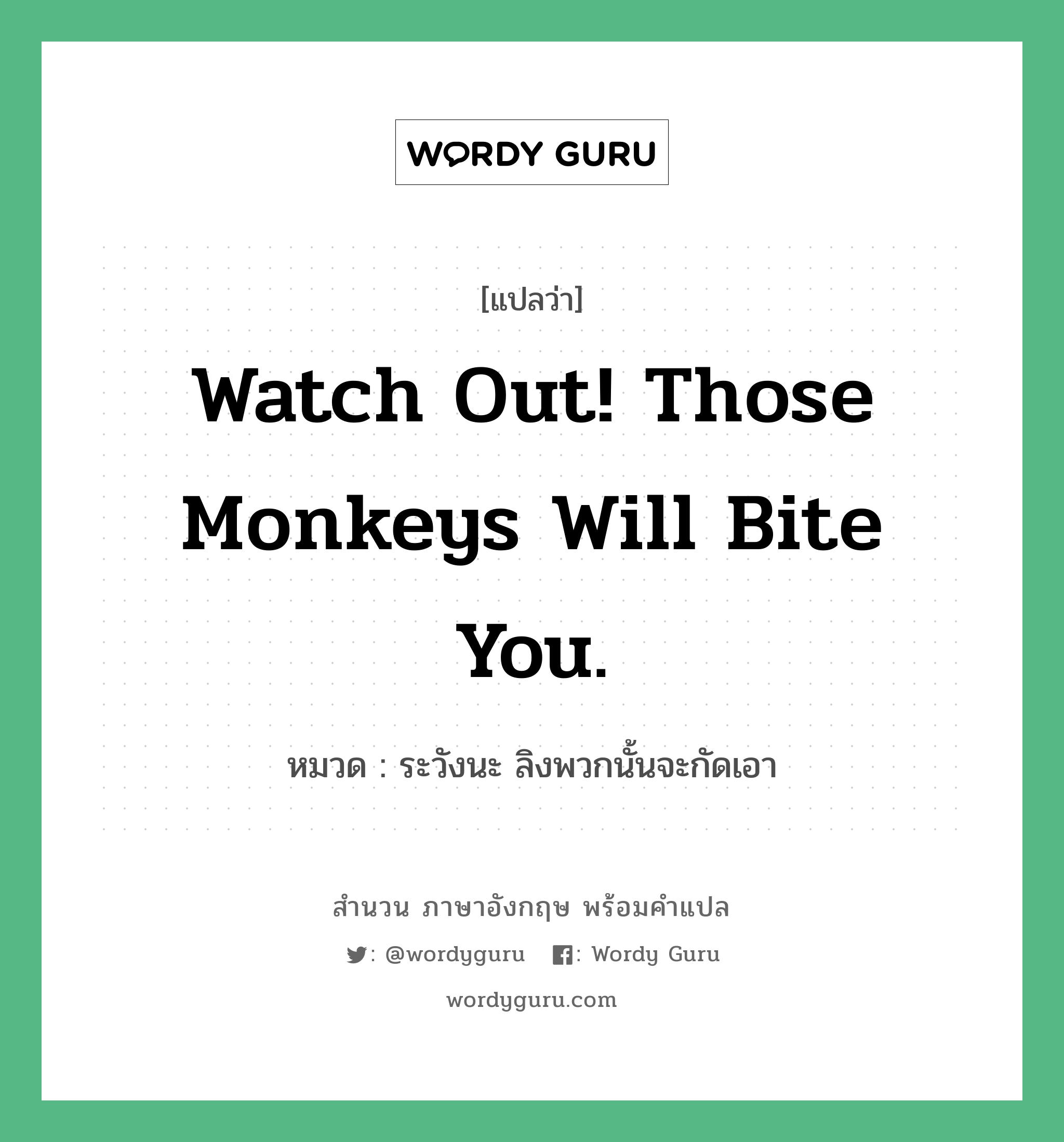 Watch out! Those monkeys will bite you. แปลว่า?, สำนวนภาษาอังกฤษ Watch out! Those monkeys will bite you. หมวด ระวังนะ ลิงพวกนั้นจะกัดเอา