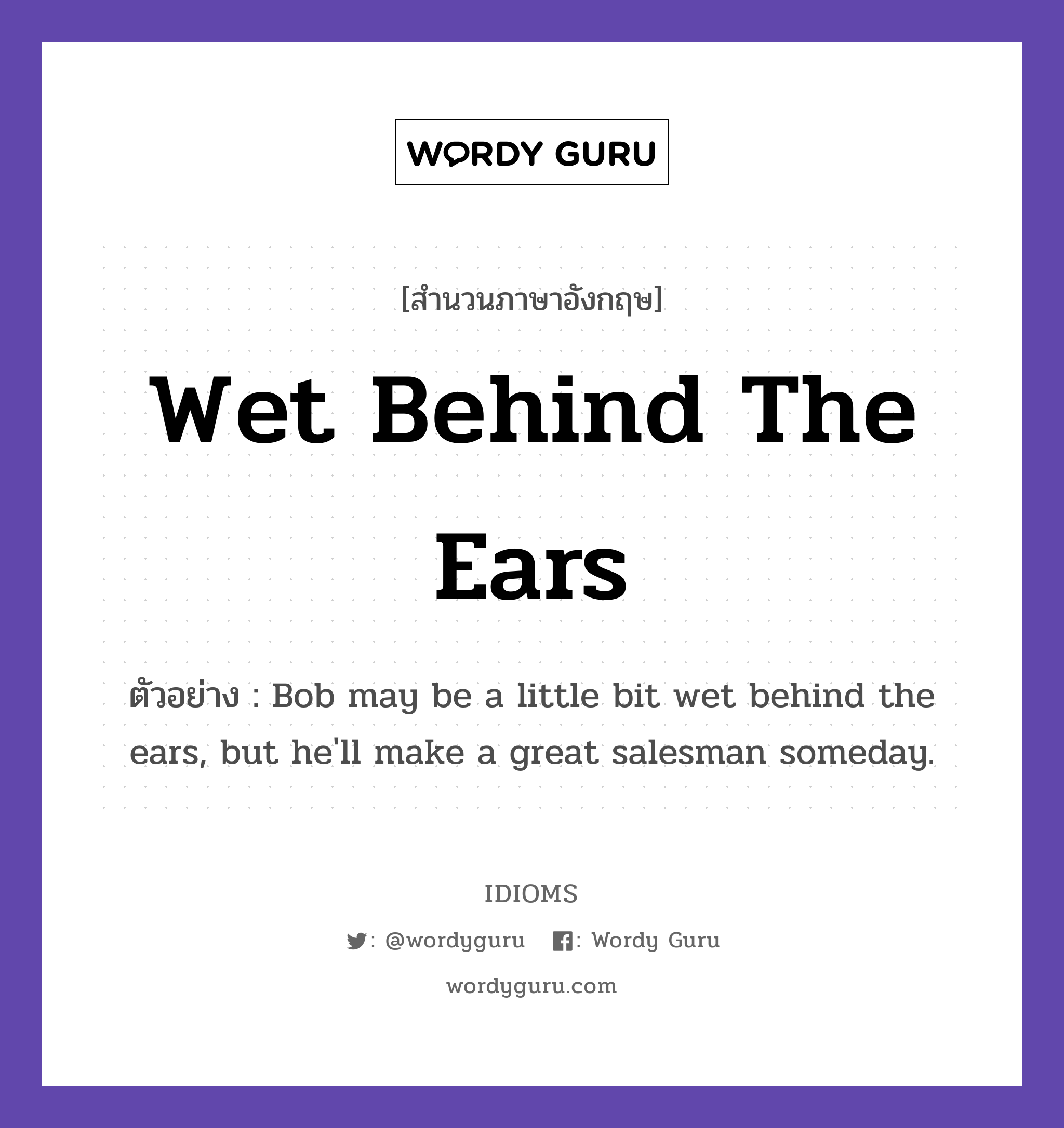 Wet Behind The Ears แปลว่า?, สำนวนภาษาอังกฤษ Wet Behind The Ears ตัวอย่าง Bob may be a little bit wet behind the ears, but he&#39;ll make a great salesman someday.