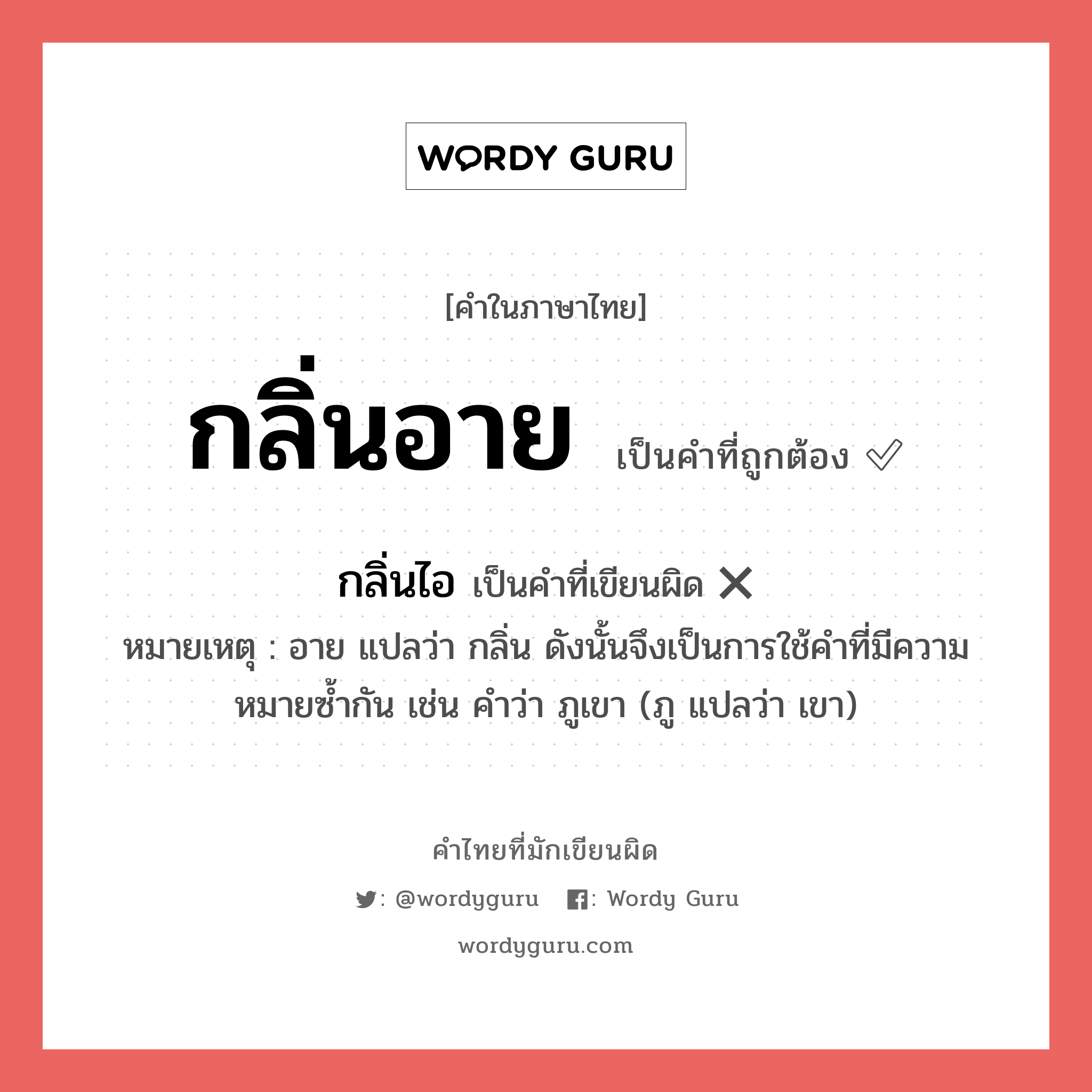 กลิ่นอาย หรือ กลิ่นไอ คำไหนเขียนถูก?, คำในภาษาไทยที่มักเขียนผิด กลิ่นอาย คำที่ผิด ❌ กลิ่นไอ หมายเหตุ อาย แปลว่า กลิ่น ดังนั้นจึงเป็นการใช้คำที่มีความหมายซ้ำกัน เช่น คำว่า ภูเขา (ภู แปลว่า เขา)