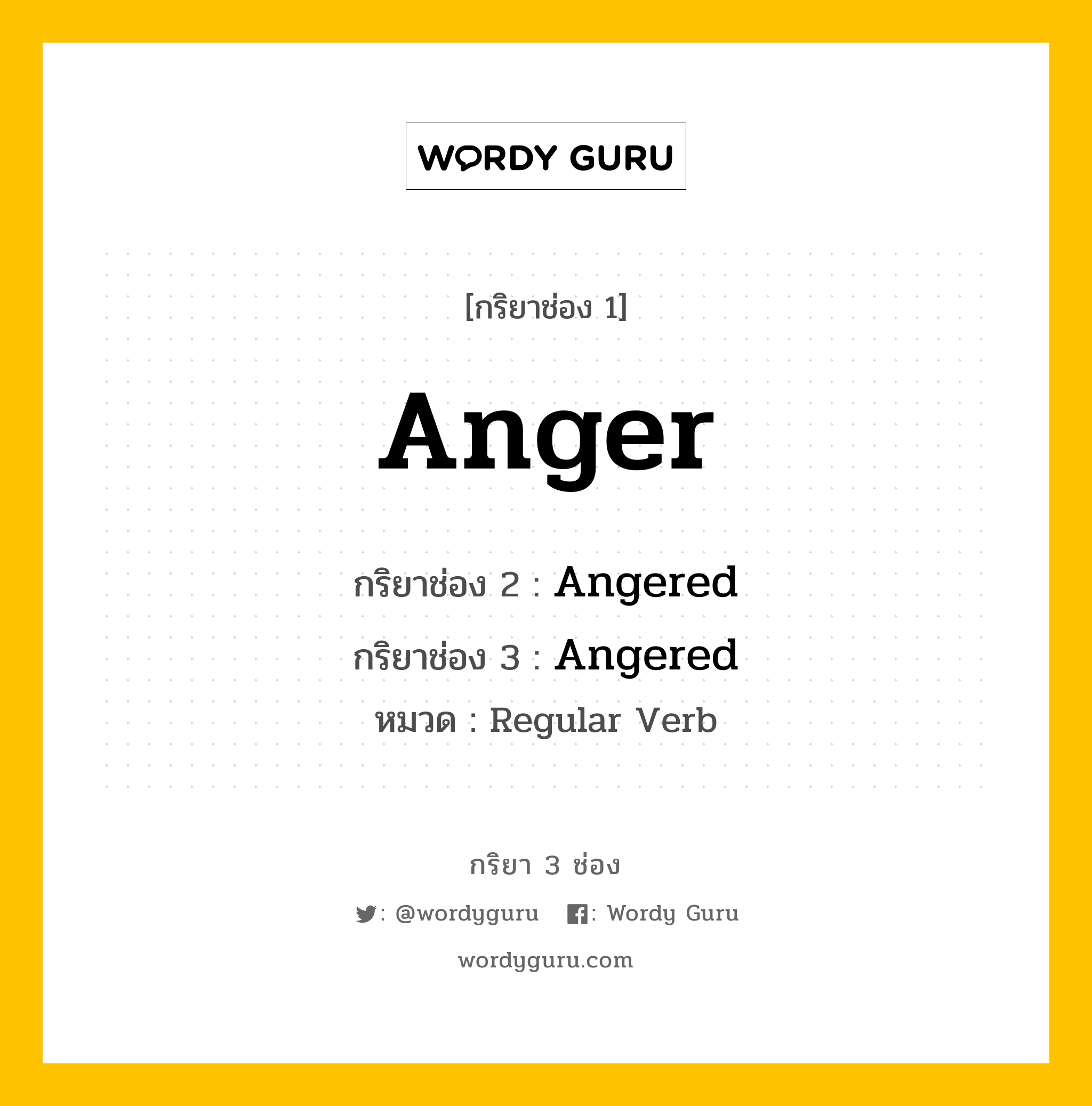 กริยา 3 ช่อง: Anger ช่อง 2 Anger ช่อง 3 คืออะไร, กริยาช่อง 1 Anger กริยาช่อง 2 Angered กริยาช่อง 3 Angered หมวด Regular Verb หมวด Regular Verb