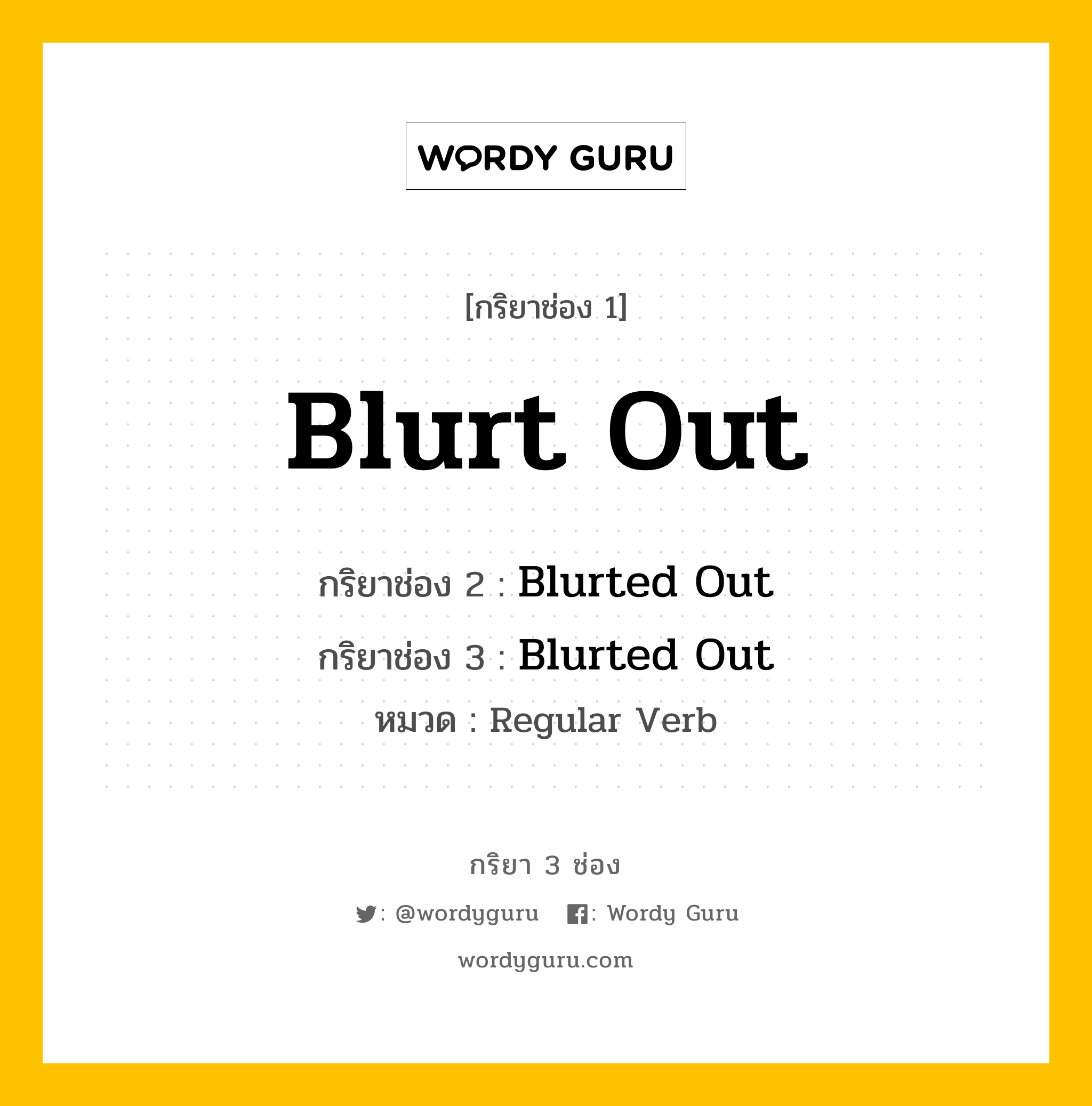 กริยา 3 ช่อง ของ Blurt Out คืออะไร? มาดูคำอ่าน คำแปลกันเลย, กริยาช่อง 1 Blurt Out กริยาช่อง 2 Blurted Out กริยาช่อง 3 Blurted Out หมวด Regular Verb หมวด Regular Verb