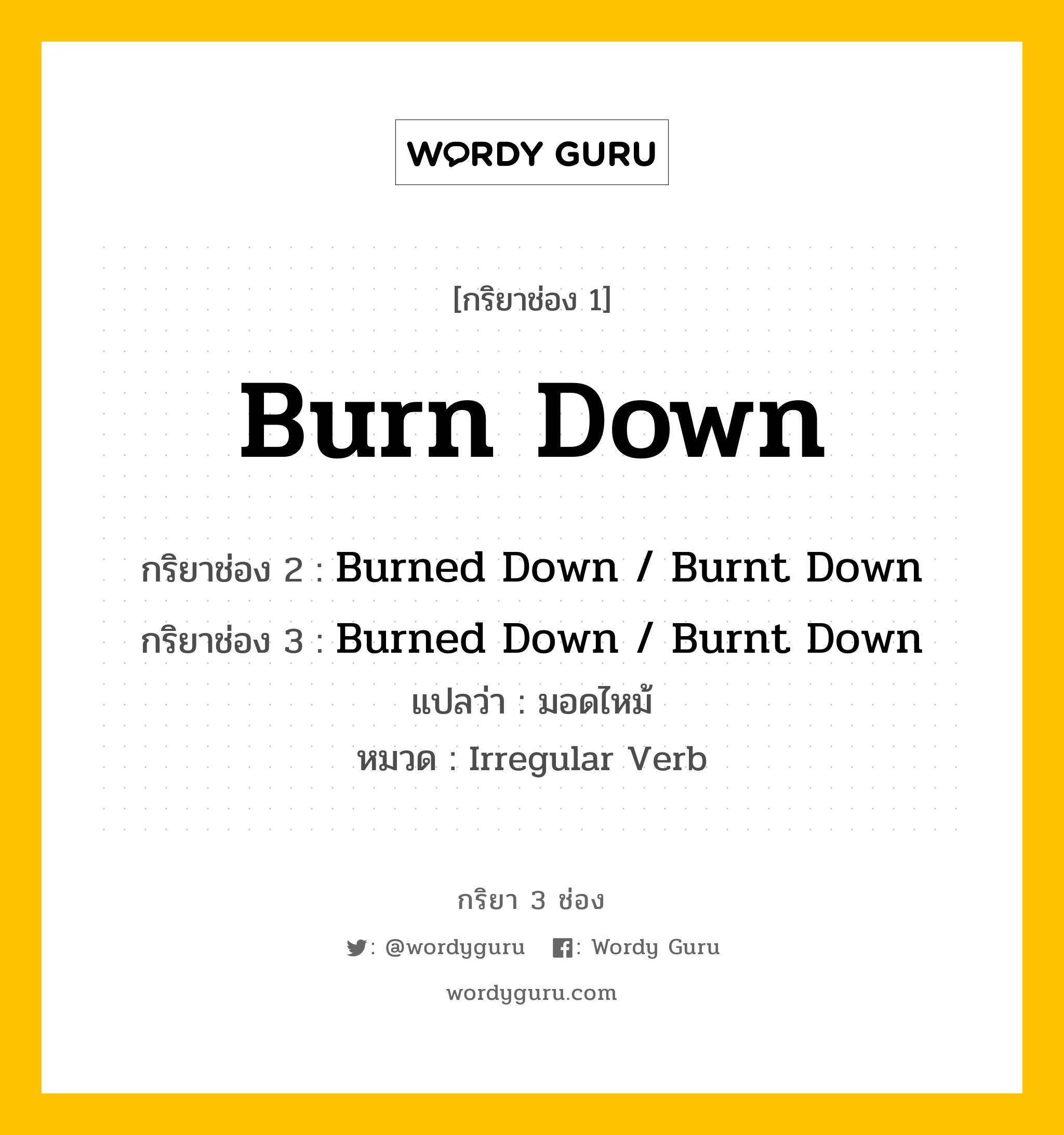 กริยา 3 ช่อง ของ Burn Down คืออะไร? มาดูคำอ่าน คำแปลกันเลย, กริยาช่อง 1 Burn Down กริยาช่อง 2 Burned Down / Burnt Down กริยาช่อง 3 Burned Down / Burnt Down แปลว่า มอดไหม้ หมวด Irregular Verb หมวด Irregular Verb