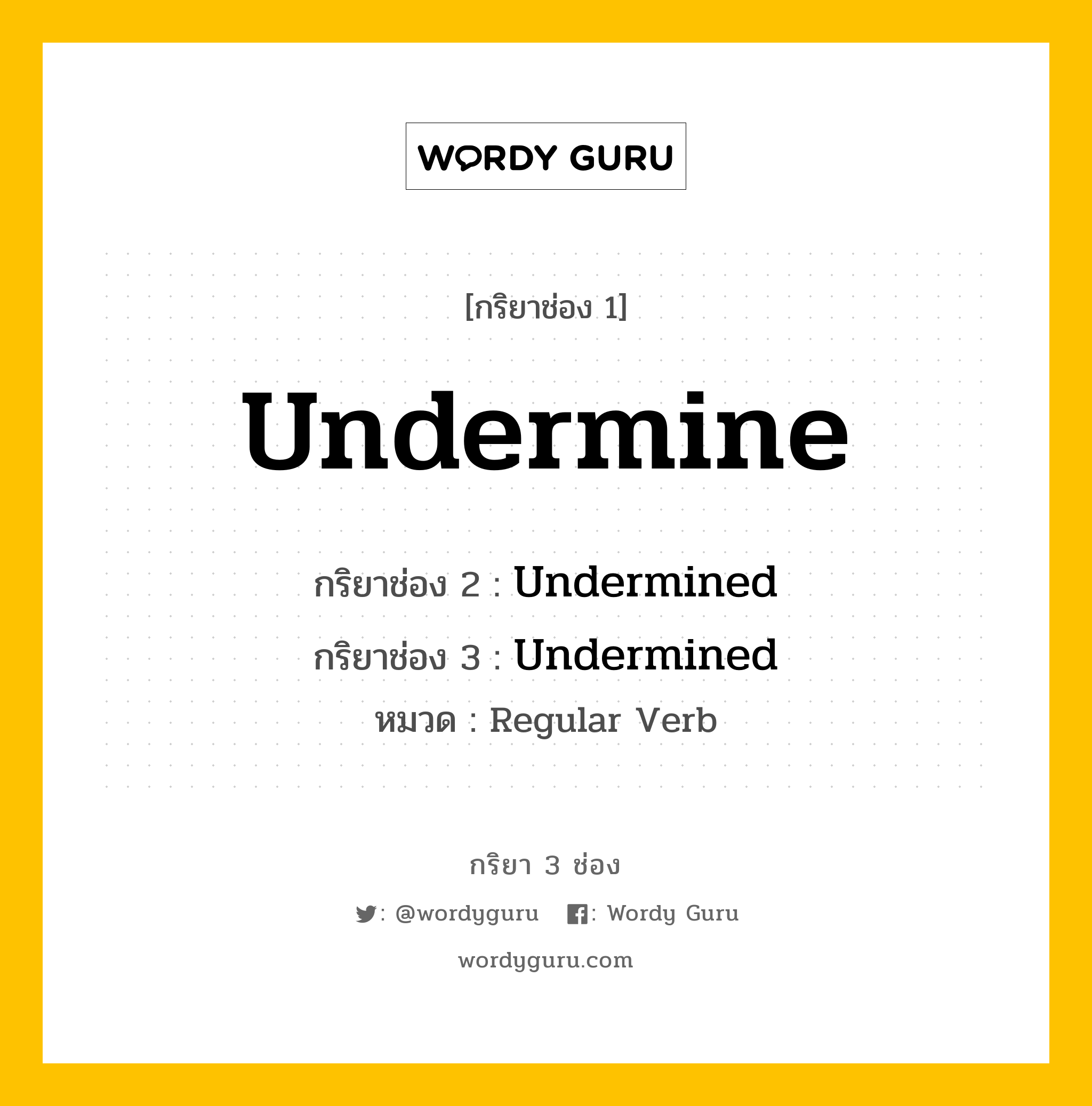 กริยา 3 ช่อง: Undermine ช่อง 2 Undermine ช่อง 3 คืออะไร, กริยาช่อง 1 Undermine กริยาช่อง 2 Undermined กริยาช่อง 3 Undermined หมวด Regular Verb หมวด Regular Verb