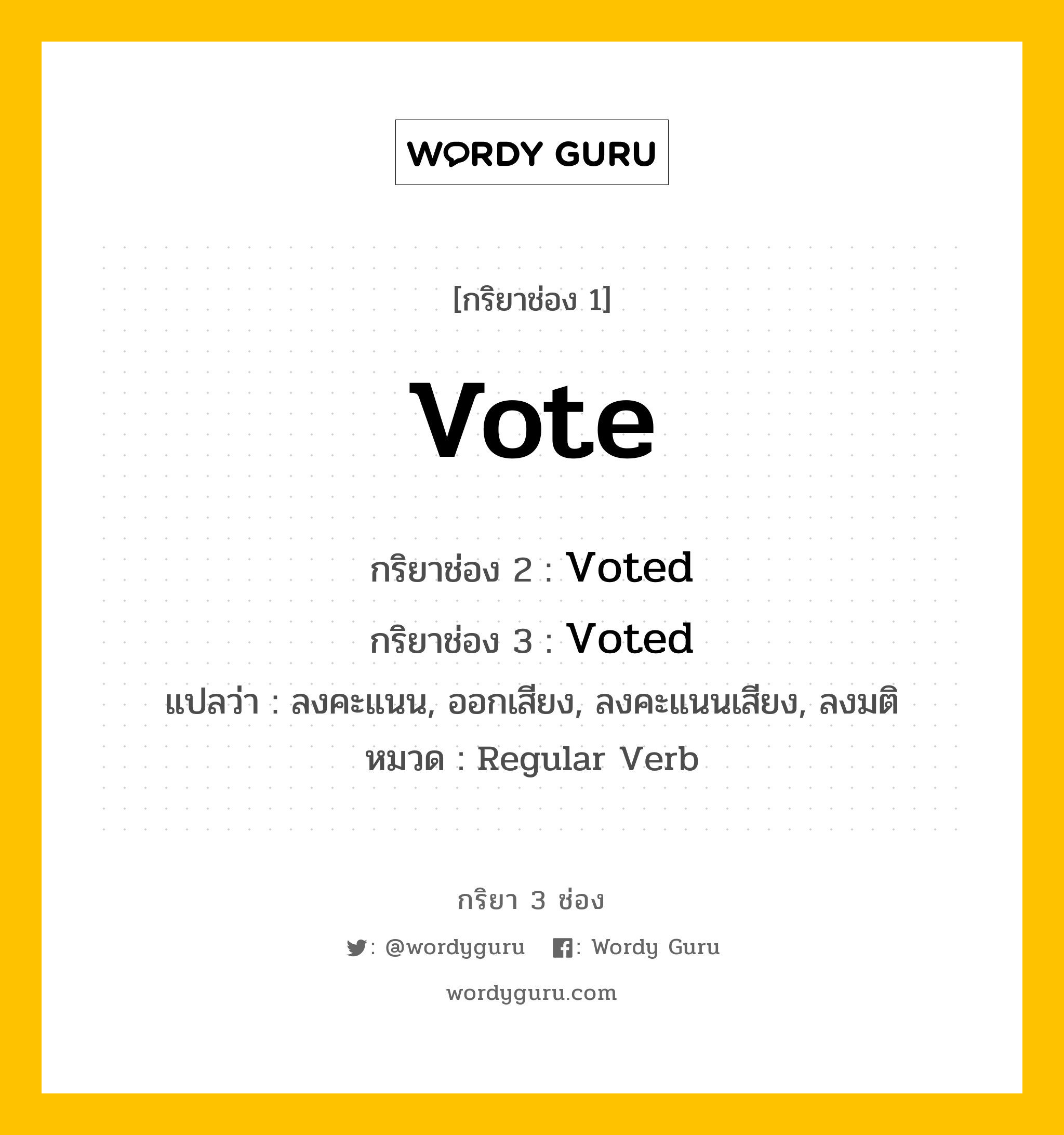 กริยา 3 ช่อง ของ Vote คืออะไร? มาดูคำอ่าน คำแปลกันเลย, กริยาช่อง 1 Vote กริยาช่อง 2 Voted กริยาช่อง 3 Voted แปลว่า ลงคะแนน, ออกเสียง, ลงคะแนนเสียง, ลงมติ หมวด Regular Verb หมวด Regular Verb