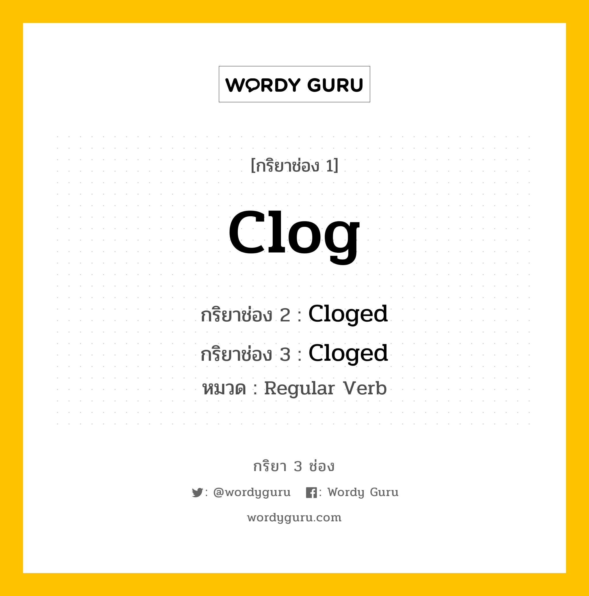 กริยา 3 ช่อง ของ Clog คืออะไร? มาดูคำอ่าน คำแปลกันเลย, กริยาช่อง 1 Clog กริยาช่อง 2 Cloged กริยาช่อง 3 Cloged หมวด Regular Verb หมวด Regular Verb