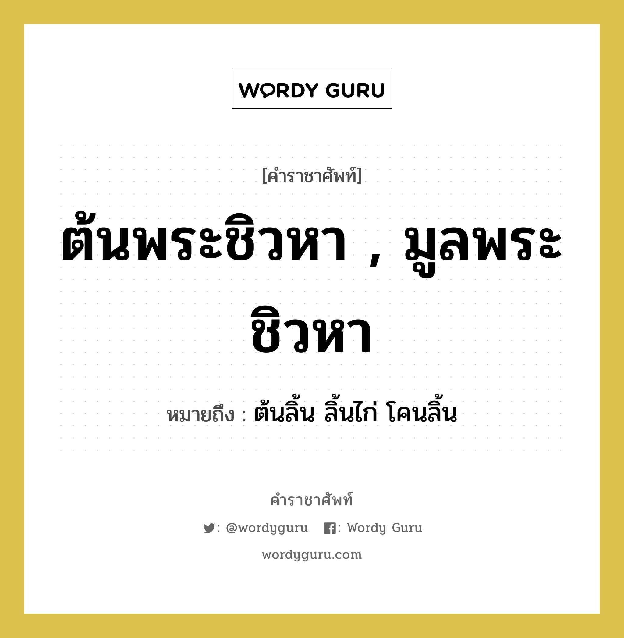 ต้นพระชิวหา , มูลพระชิวหา หมายถึงอะไร?, คำราชาศัพท์ ต้นพระชิวหา , มูลพระชิวหา หมายถึง ต้นลิ้น ลิ้นไก่ โคนลิ้น หมวดหมู่ ร่างกาย หมวด ร่างกาย