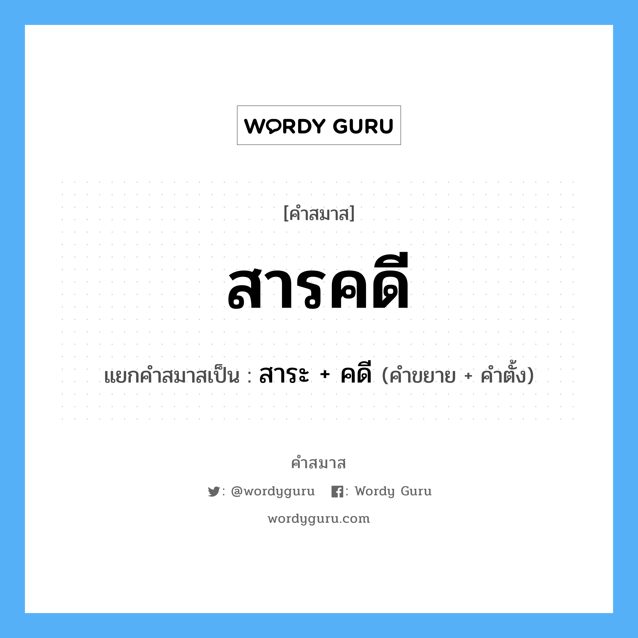 คำสมาส: สารคดี แยกคําสมาส, หมายถึง?, แยกคําสมาสเป็น สาระ + คดี ประเภท การสมาสแบบธรรมดา คำขยาย สาระ คำตั้ง คดี