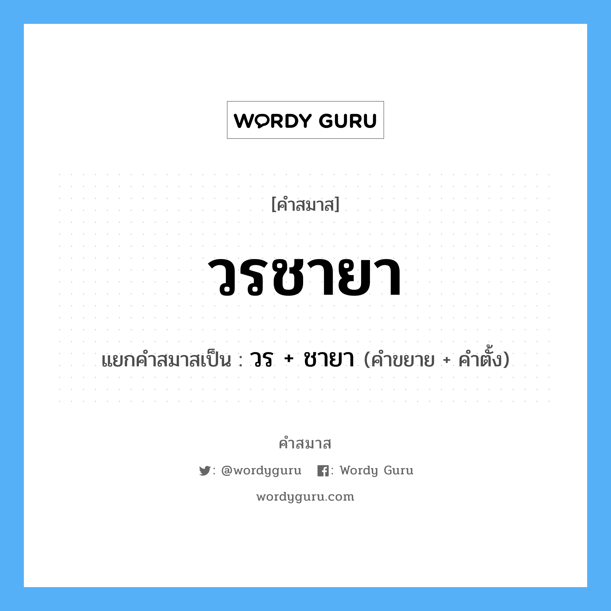 คำสมาส: วรชายา แยกคําสมาส, หมายถึง?, แยกคําสมาสเป็น วร + ชายา คำขยาย วร คำตั้ง ชายา ประเภท การสมาสแบบธรรมดา หมวด การสมาสแบบธรรมดา