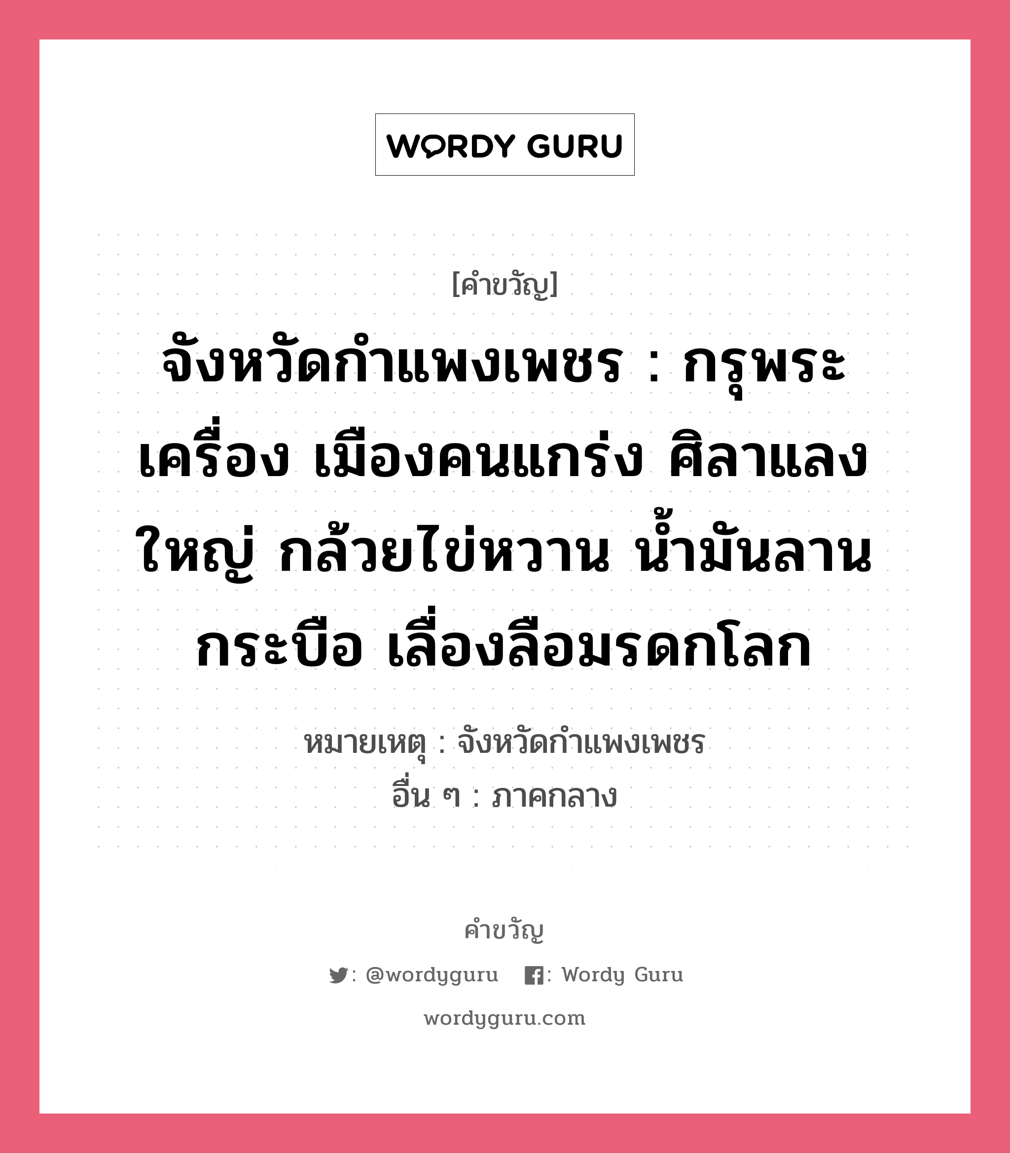 จังหวัดกำแพงเพชร : กรุพระเครื่อง เมืองคนแกร่ง ศิลาแลงใหญ่ กล้วยไข่หวาน น้ำมันลานกระบือ เลื่องลือมรดกโลก, คำขวัญ จังหวัดกำแพงเพชร : กรุพระเครื่อง เมืองคนแกร่ง ศิลาแลงใหญ่ กล้วยไข่หวาน น้ำมันลานกระบือ เลื่องลือมรดกโลก หมวด คำขวัญประจำจังหวัด หมายเหตุ จังหวัดกำแพงเพชร อื่น ๆ ภาคกลาง หมวด คำขวัญประจำจังหวัด