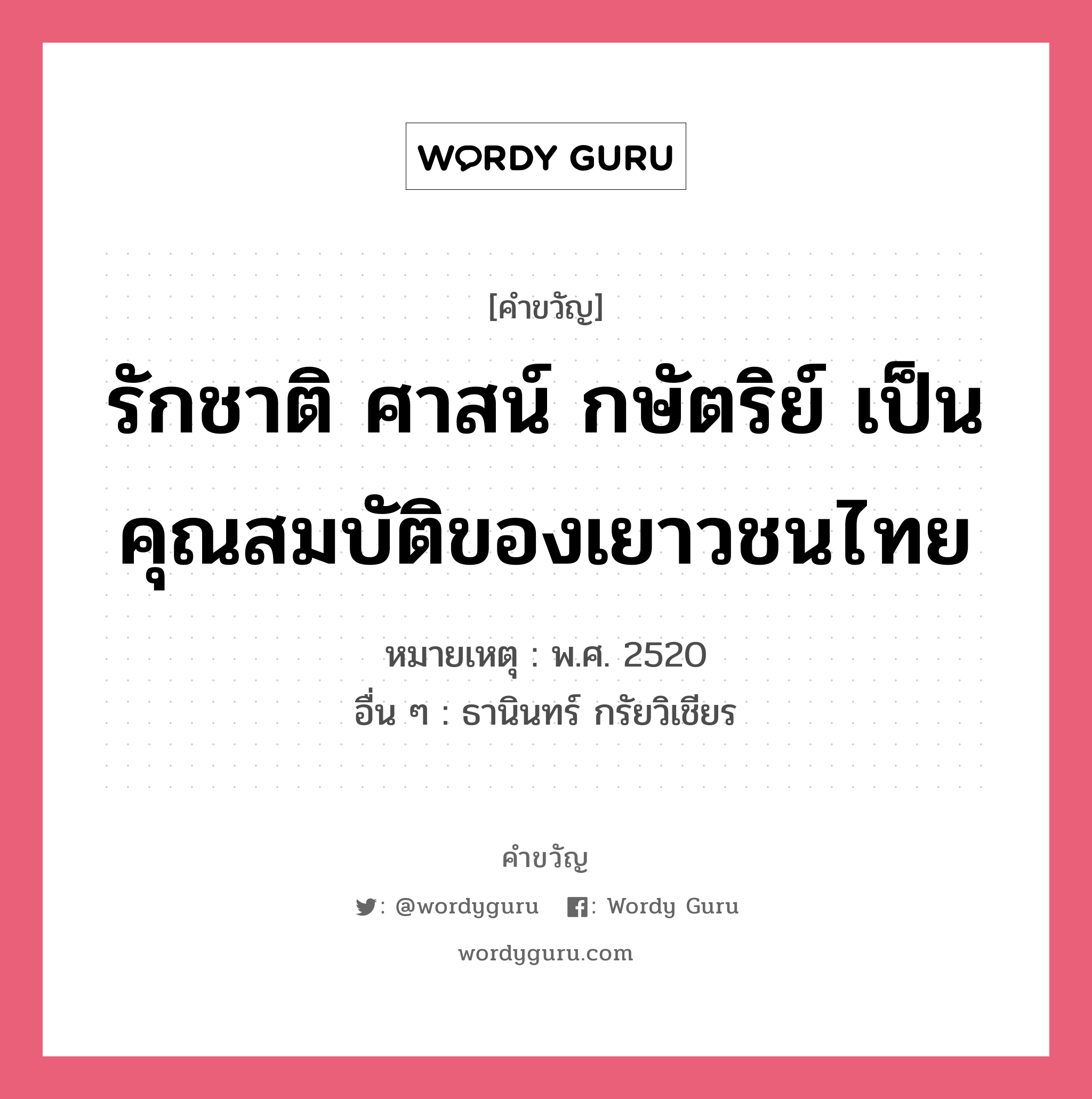 รักชาติ ศาสน์ กษัตริย์ เป็นคุณสมบัติของเยาวชนไทย, คำขวัญ รักชาติ ศาสน์ กษัตริย์ เป็นคุณสมบัติของเยาวชนไทย หมวด คำขวัญวันเด็ก หมายเหตุ พ.ศ. 2520 อื่น ๆ ธานินทร์ กรัยวิเชียร หมวด คำขวัญวันเด็ก