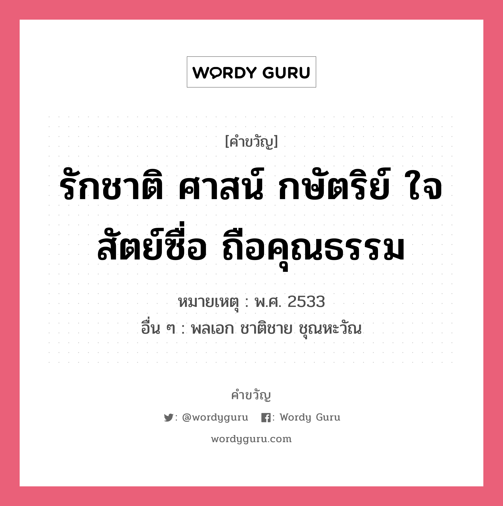 รักชาติ ศาสน์ กษัตริย์ ใจสัตย์ซื่อ ถือคุณธรรม, คำขวัญ รักชาติ ศาสน์ กษัตริย์ ใจสัตย์ซื่อ ถือคุณธรรม หมวด คำขวัญวันเด็ก หมายเหตุ พ.ศ. 2533 อื่น ๆ พลเอก ชาติชาย ชุณหะวัณ หมวด คำขวัญวันเด็ก