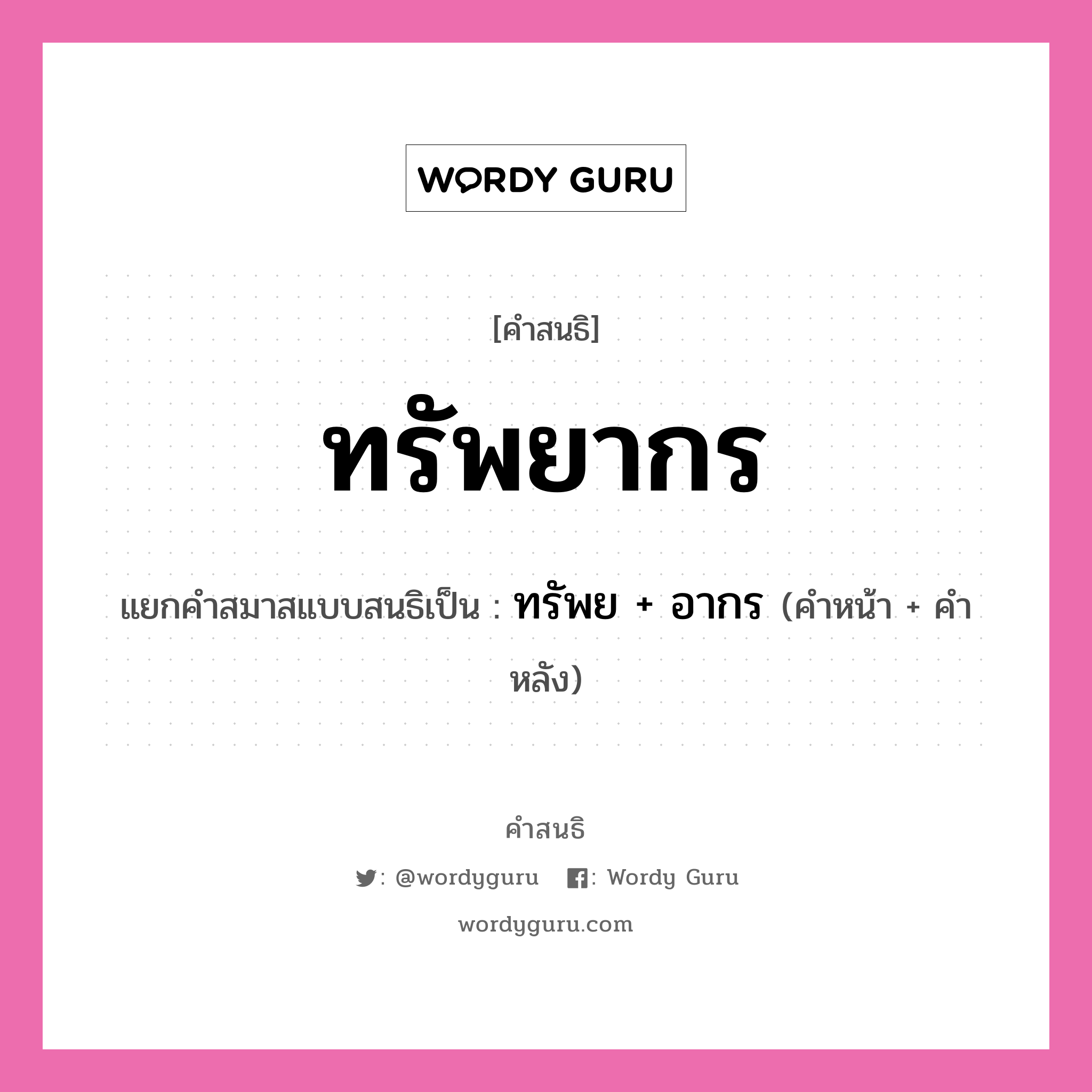 คำสนธิ: ทรัพยากร แยกคำสมาสแบบสนธิ, หมายถึง?, แยกคำสมาสแบบสนธิเป็น ทรัพย + อากร คำหน้า ทรัพย คำหลัง อากร ประเภท สระสนธิ หมวด สระสนธิ