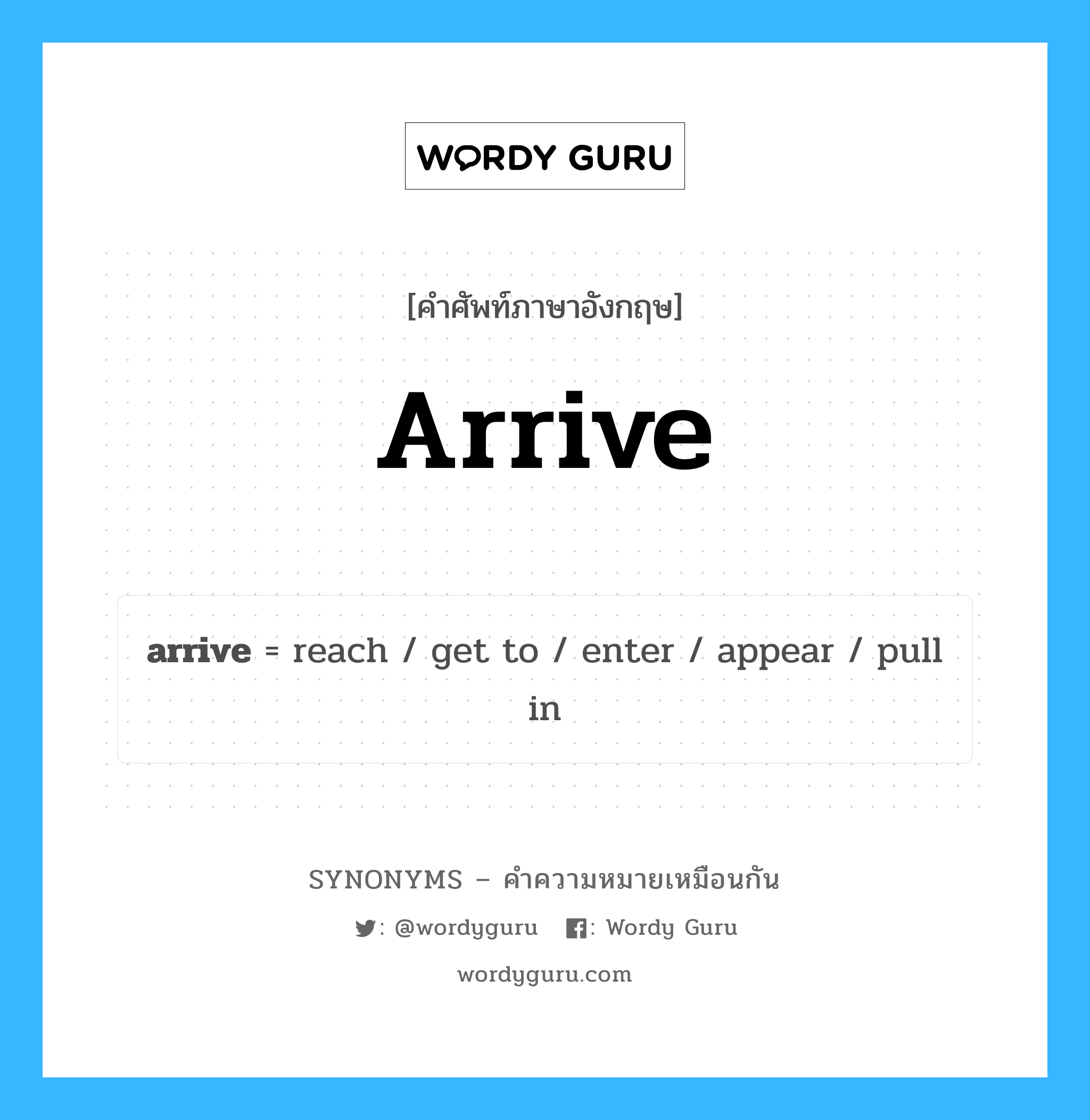 arrive เป็นหนึ่งใน appear และมีคำอื่น ๆ อีกดังนี้, คำศัพท์ภาษาอังกฤษ arrive ความหมายคล้ายกันกับ appear แปลว่า ปรากฏ หมวด appear