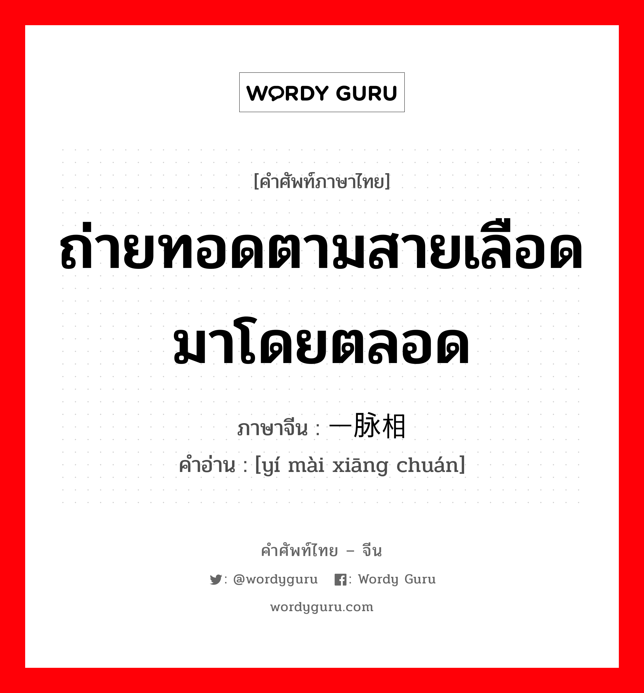 ถ่ายทอดตามสายเลือดมาโดยตลอด ภาษาจีนคืออะไร, คำศัพท์ภาษาไทย - จีน ถ่ายทอดตามสายเลือดมาโดยตลอด ภาษาจีน 一脉相传 คำอ่าน [yí mài xiāng chuán]