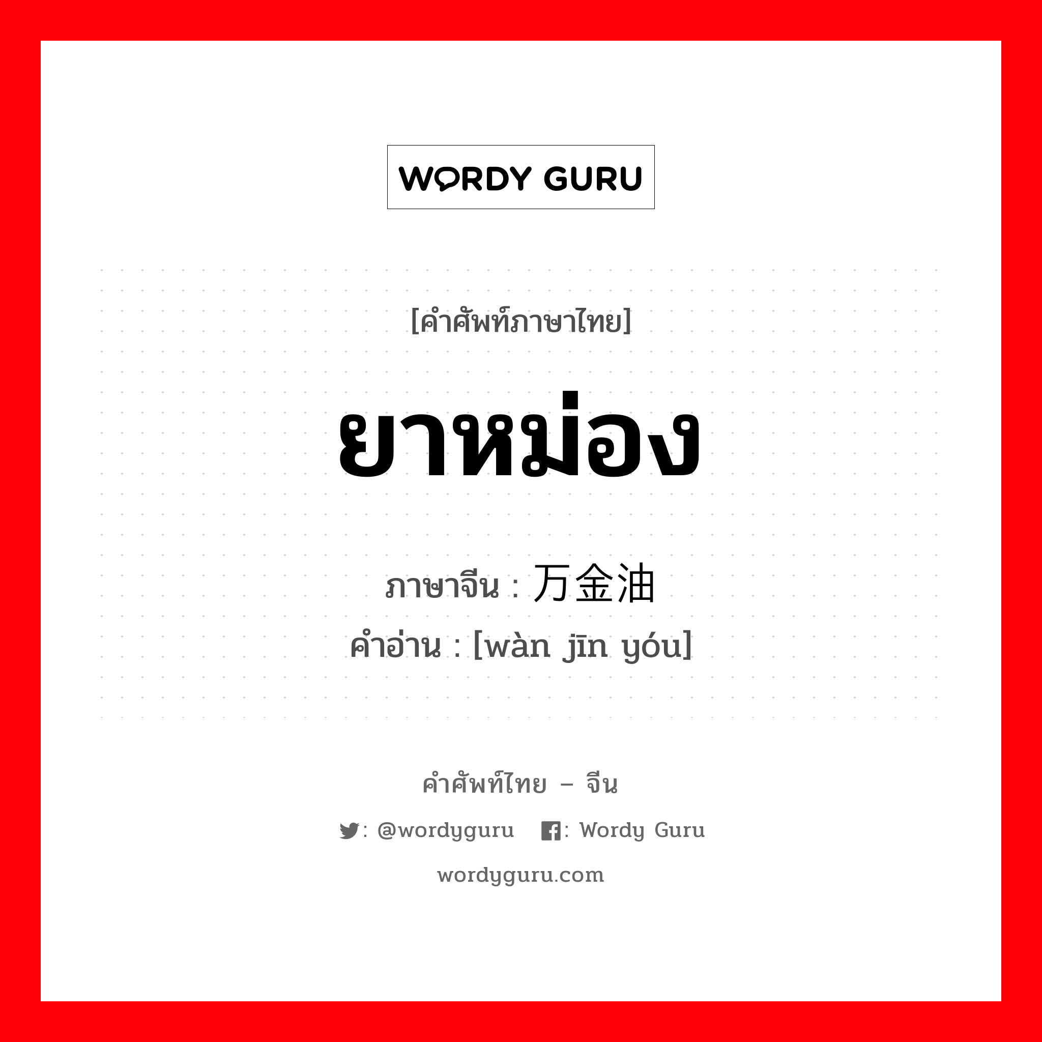 ยาหม่อง ภาษาจีนคืออะไร, คำศัพท์ภาษาไทย - จีน ยาหม่อง ภาษาจีน 万金油 คำอ่าน [wàn jīn yóu]