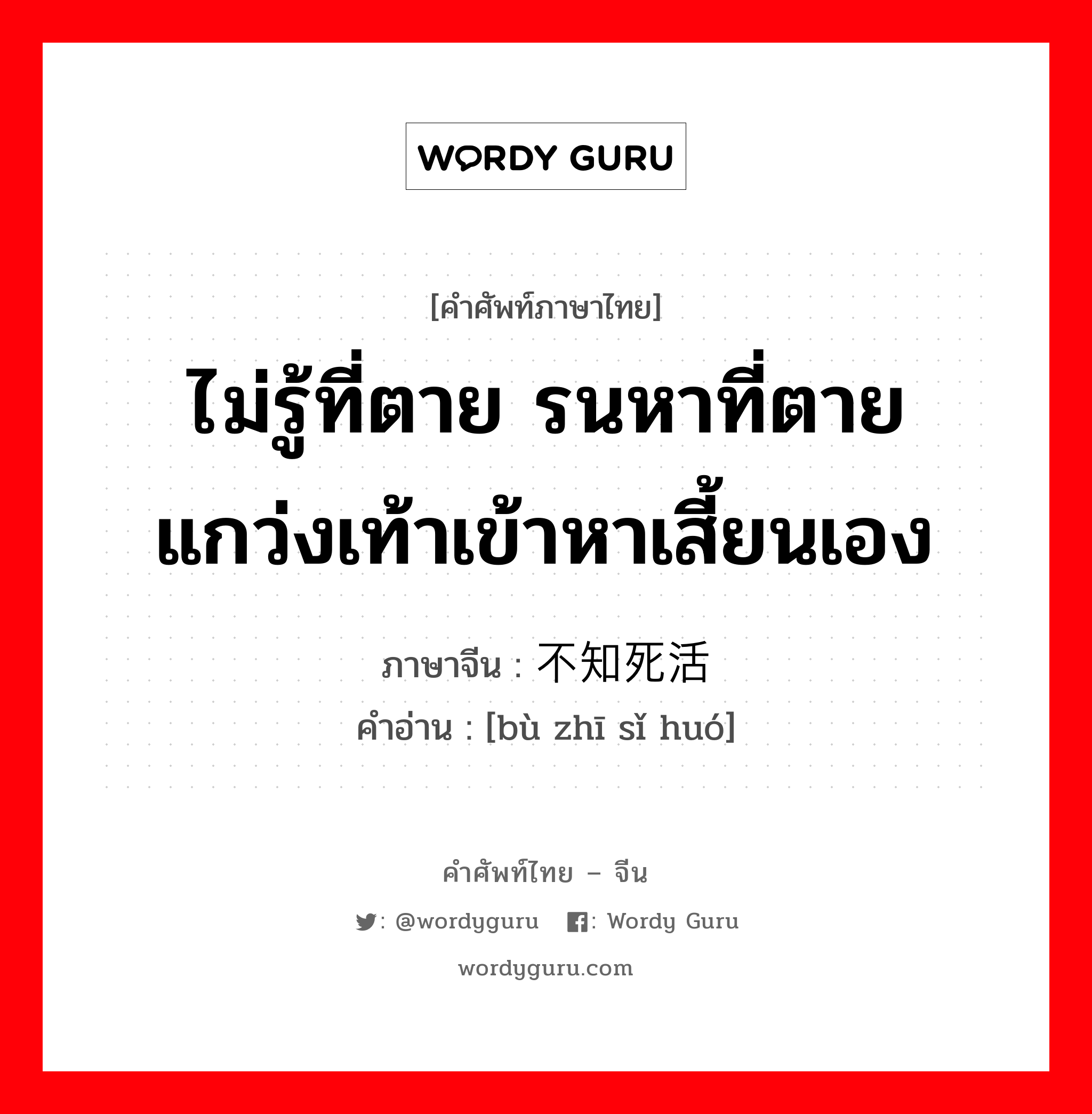 ไม่รู้ที่ตาย รนหาที่ตาย แกว่งเท้าเข้าหาเสี้ยนเอง ภาษาจีนคืออะไร, คำศัพท์ภาษาไทย - จีน ไม่รู้ที่ตาย รนหาที่ตาย แกว่งเท้าเข้าหาเสี้ยนเอง ภาษาจีน 不知死活 คำอ่าน [bù zhī sǐ huó]