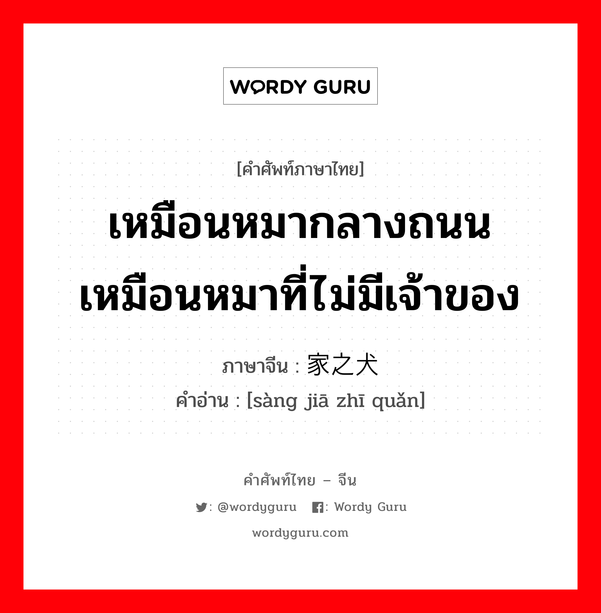 เหมือนหมากลางถนน เหมือนหมาที่ไม่มีเจ้าของ ภาษาจีนคืออะไร, คำศัพท์ภาษาไทย - จีน เหมือนหมากลางถนน เหมือนหมาที่ไม่มีเจ้าของ ภาษาจีน 丧家之犬 คำอ่าน [sàng jiā zhī quǎn]