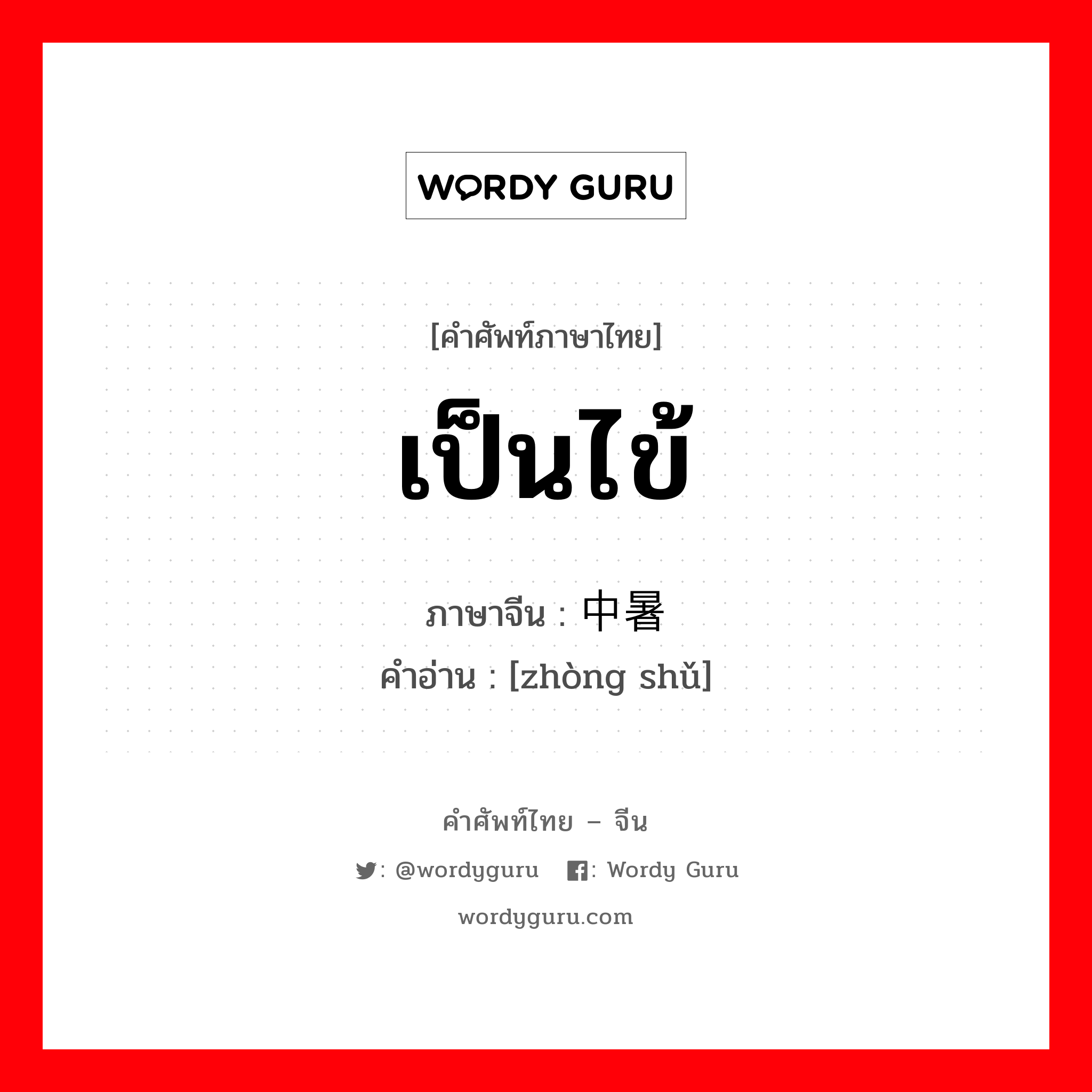 เป็นไข้ ภาษาจีนคืออะไร, คำศัพท์ภาษาไทย - จีน เป็นไข้ ภาษาจีน 中暑 คำอ่าน [zhòng shǔ]