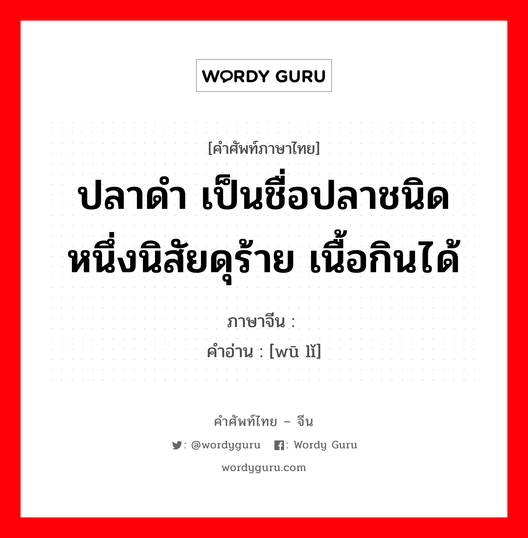 ปลาดำ เป็นชื่อปลาชนิดหนึ่งนิสัยดุร้าย เนื้อกินได้ ภาษาจีนคืออะไร, คำศัพท์ภาษาไทย - จีน ปลาดำ เป็นชื่อปลาชนิดหนึ่งนิสัยดุร้าย เนื้อกินได้ ภาษาจีน 乌鳢 คำอ่าน [wū lǐ]