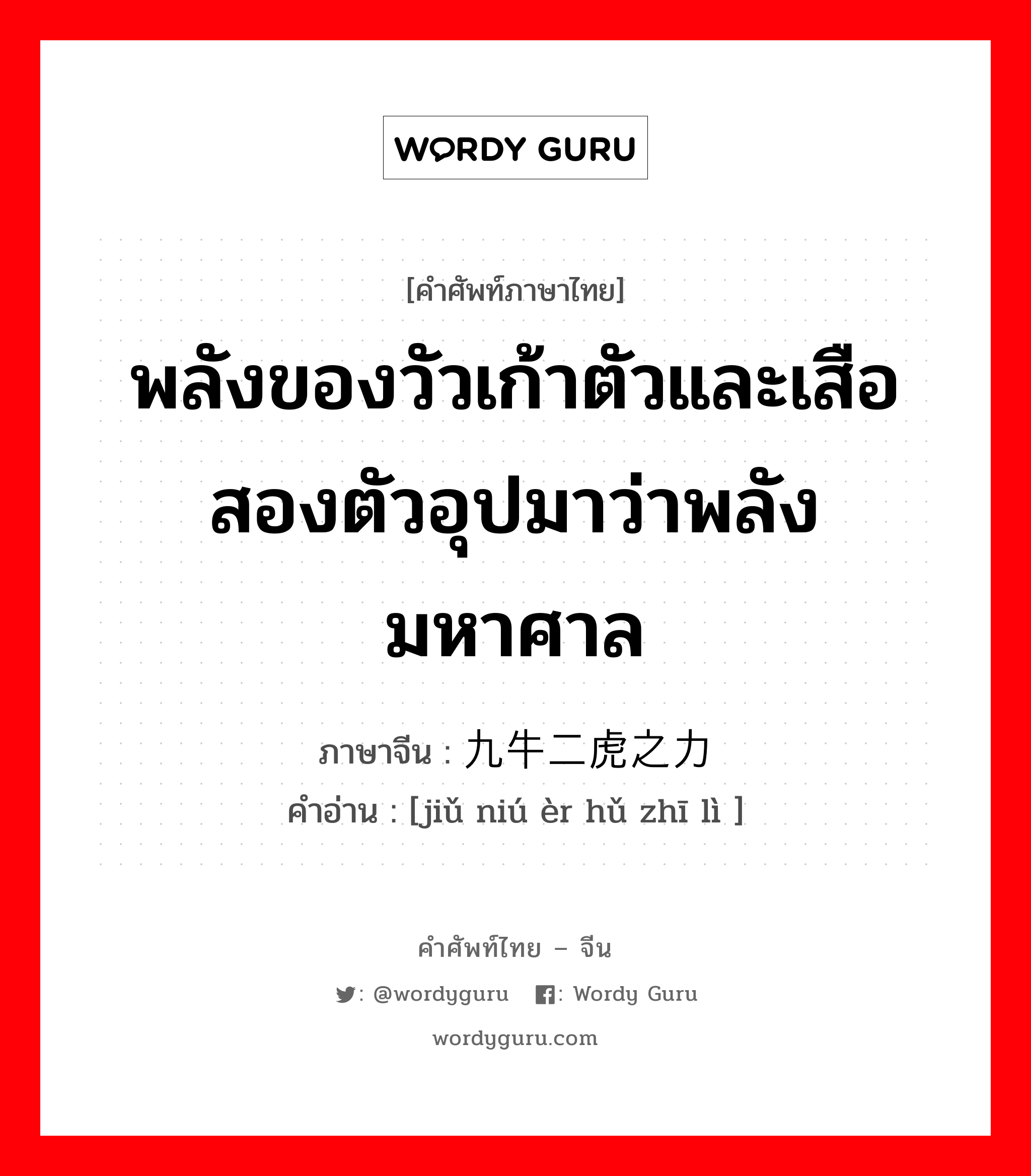 พลังของวัวเก้าตัวและเสือสองตัวอุปมาว่าพลังมหาศาล ภาษาจีนคืออะไร, คำศัพท์ภาษาไทย - จีน พลังของวัวเก้าตัวและเสือสองตัวอุปมาว่าพลังมหาศาล ภาษาจีน 九牛二虎之力 คำอ่าน [jiǔ niú èr hǔ zhī lì ]