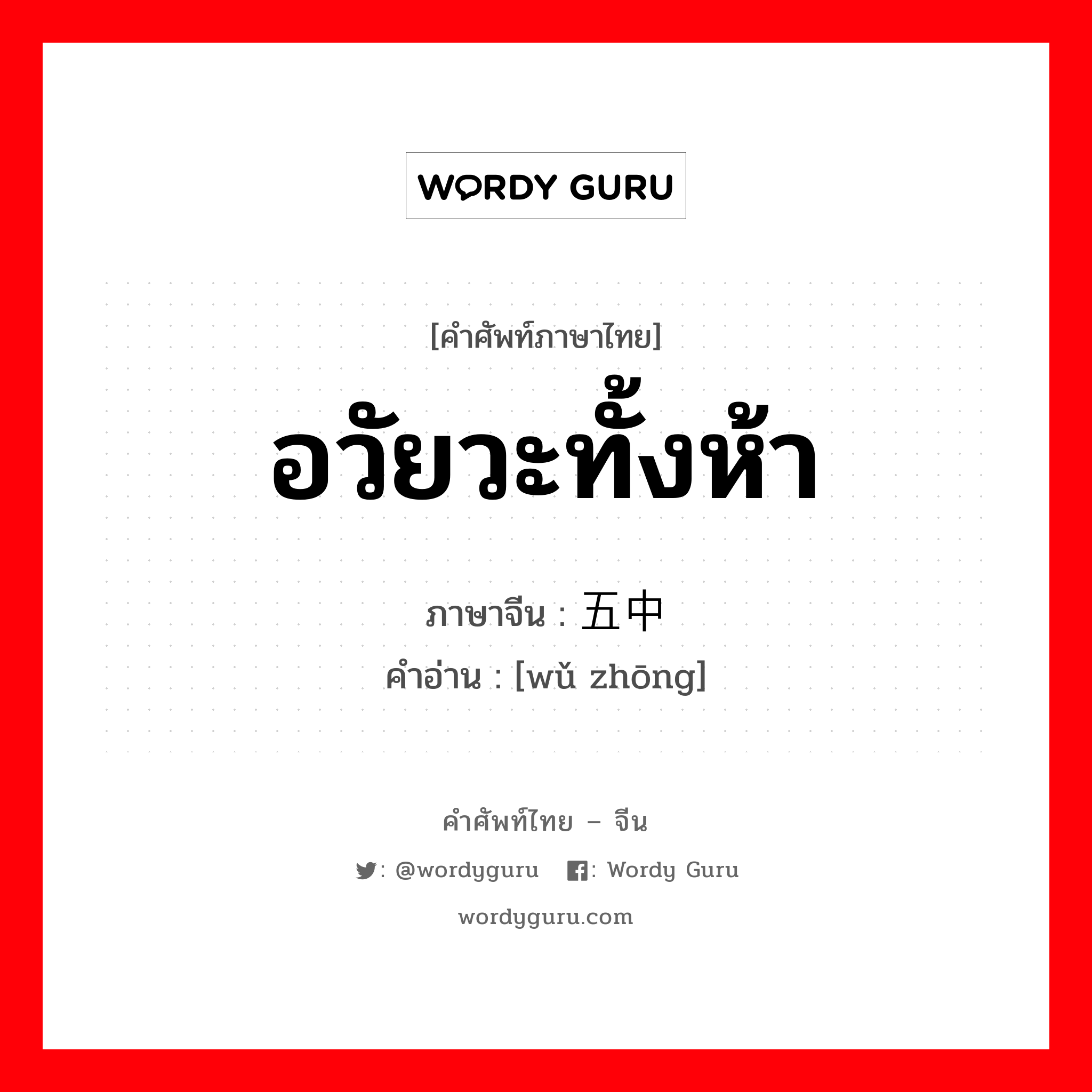 อวัยวะทั้งห้า ภาษาจีนคืออะไร, คำศัพท์ภาษาไทย - จีน อวัยวะทั้งห้า ภาษาจีน 五中 คำอ่าน [wǔ zhōng]