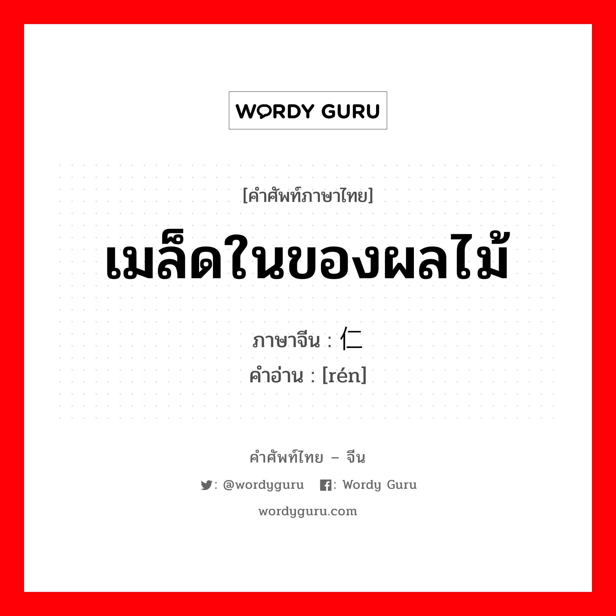 เมล็ดในของผลไม้ ภาษาจีนคืออะไร, คำศัพท์ภาษาไทย - จีน เมล็ดในของผลไม้ ภาษาจีน 仁 คำอ่าน [rén]