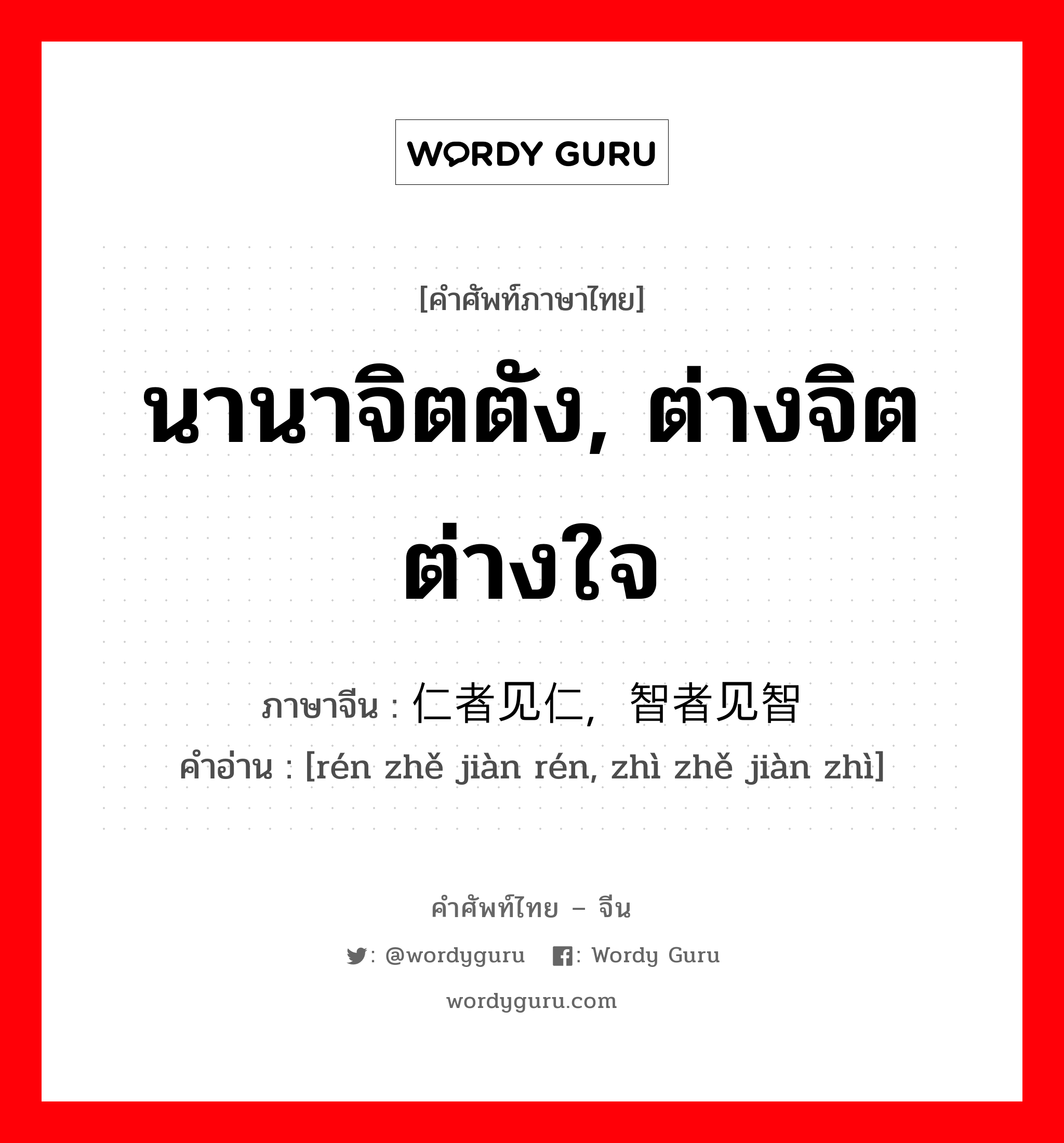 นานาจิตตัง, ต่างจิตต่างใจ ภาษาจีนคืออะไร, คำศัพท์ภาษาไทย - จีน นานาจิตตัง, ต่างจิตต่างใจ ภาษาจีน 仁者见仁，智者见智 คำอ่าน [rén zhě jiàn rén, zhì zhě jiàn zhì]