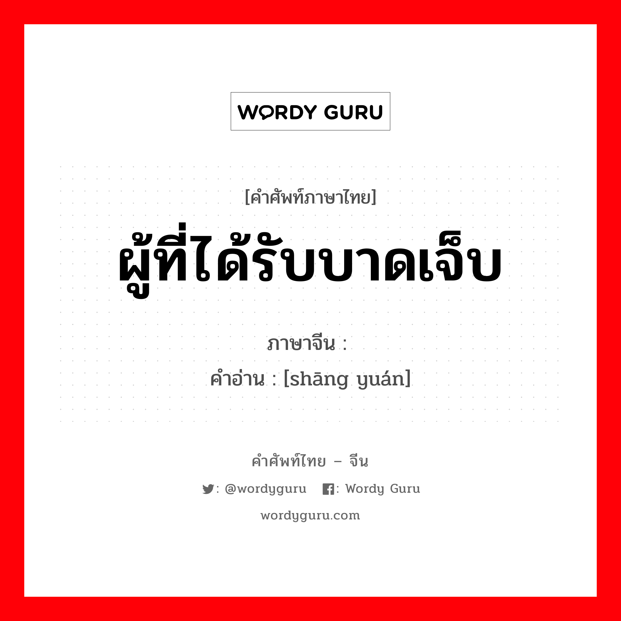 ผู้ที่ได้รับบาดเจ็บ ภาษาจีนคืออะไร, คำศัพท์ภาษาไทย - จีน ผู้ที่ได้รับบาดเจ็บ ภาษาจีน 伤员 คำอ่าน [shāng yuán]