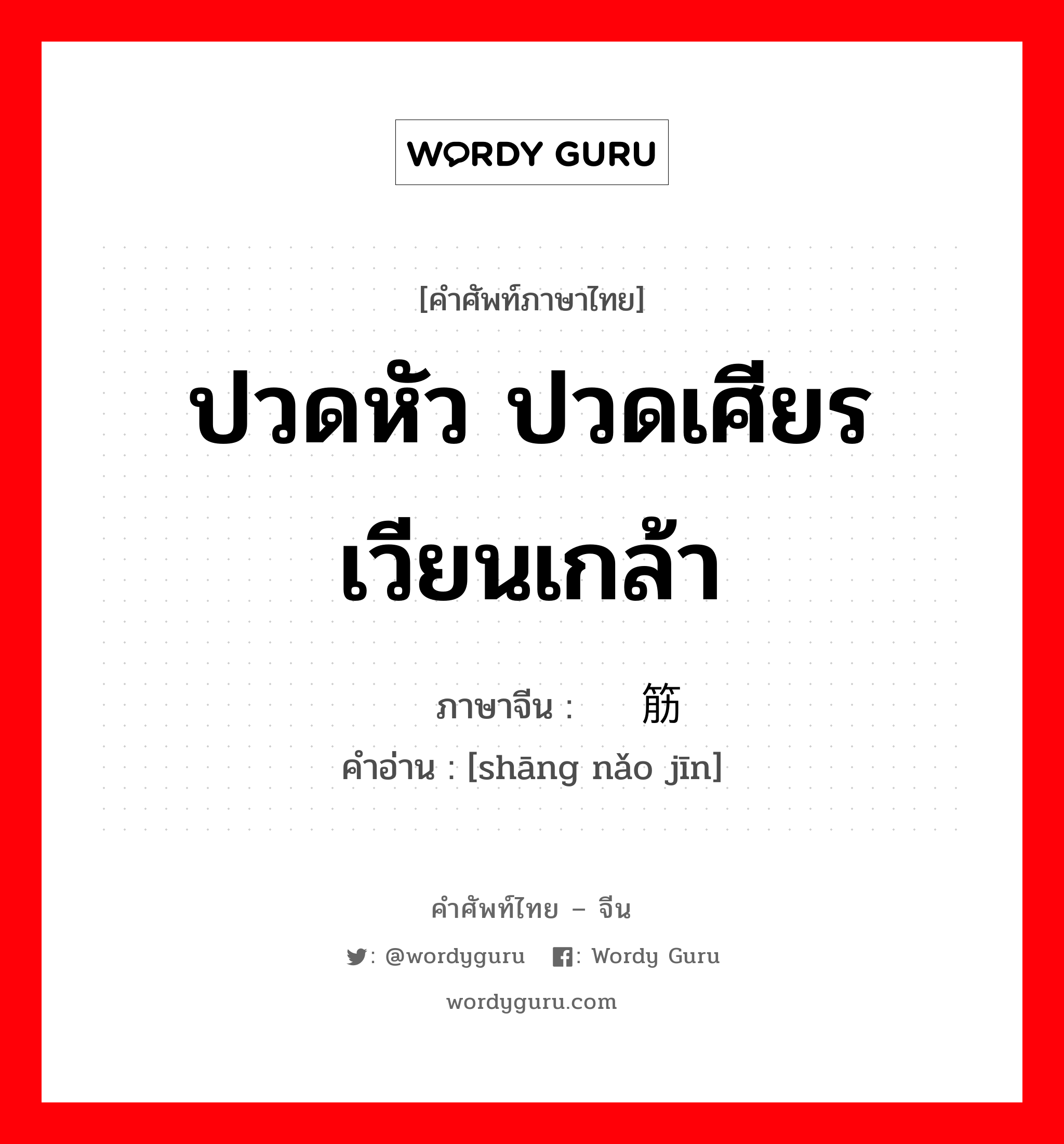 ปวดหัว ปวดเศียรเวียนเกล้า ภาษาจีนคืออะไร, คำศัพท์ภาษาไทย - จีน ปวดหัว ปวดเศียรเวียนเกล้า ภาษาจีน 伤脑筋 คำอ่าน [shāng nǎo jīn]