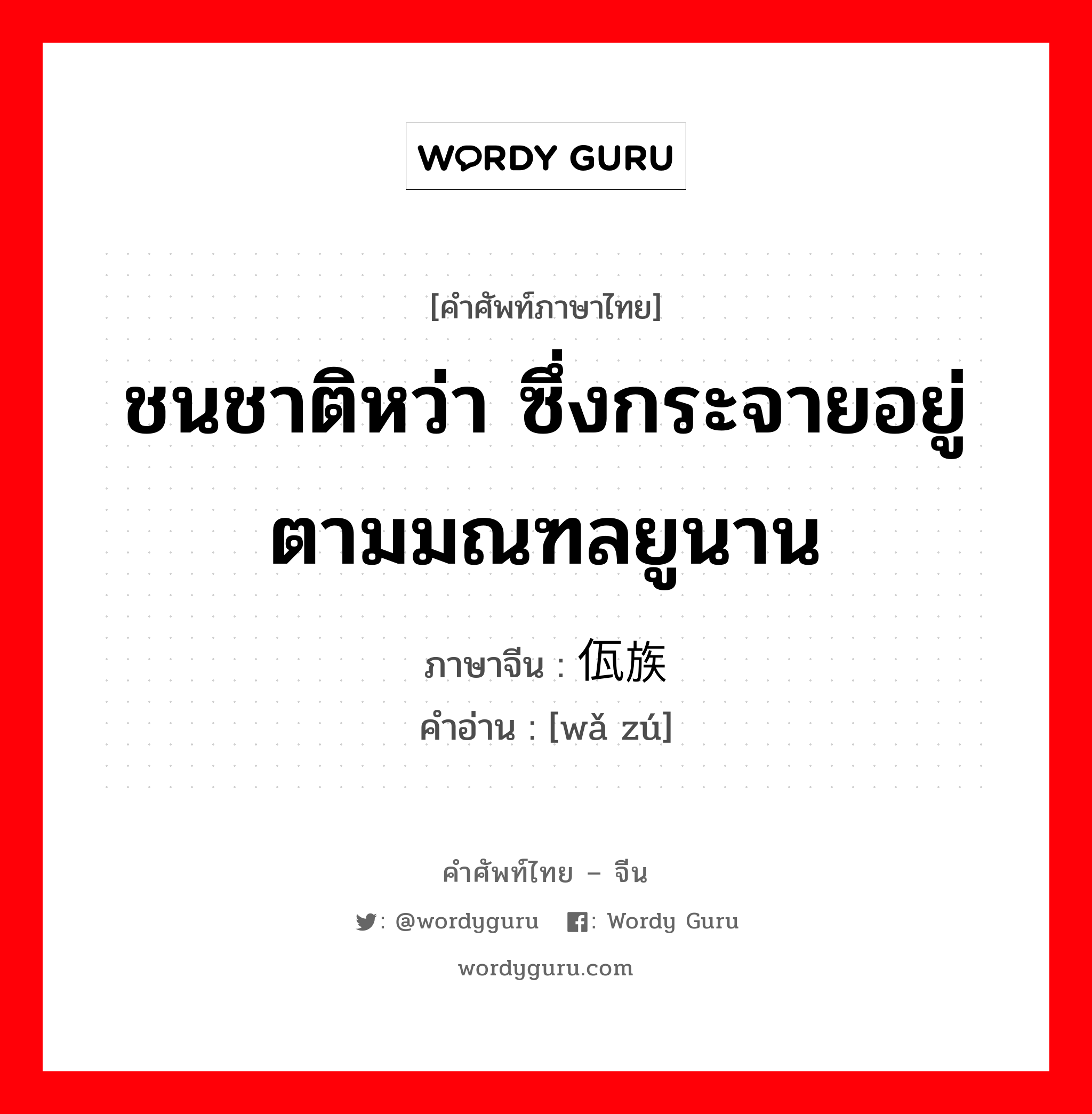 ชนชาติหว่า ซึ่งกระจายอยู่ตามมณฑลยูนาน ภาษาจีนคืออะไร, คำศัพท์ภาษาไทย - จีน ชนชาติหว่า ซึ่งกระจายอยู่ตามมณฑลยูนาน ภาษาจีน 佤族 คำอ่าน [wǎ zú]